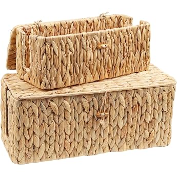 Caossuixin Cable Box, Pack of 2 Cable Management Box Made of Water Hyacinth | Under desk cable organiser box with bamboo lid 