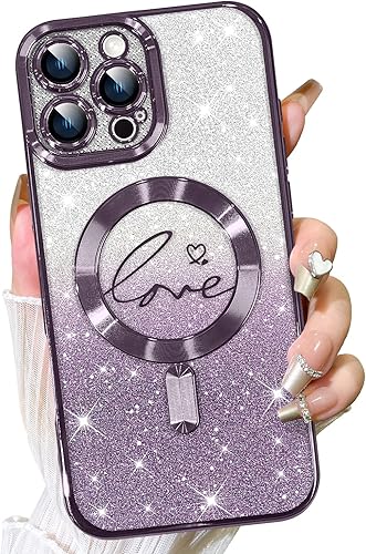 Vista 457 de Fiyart - Funda transparente magnética con purpurina para iPhone 12 para mujeres, con grabado "Love" metálico, protección para cámara y antigolpes