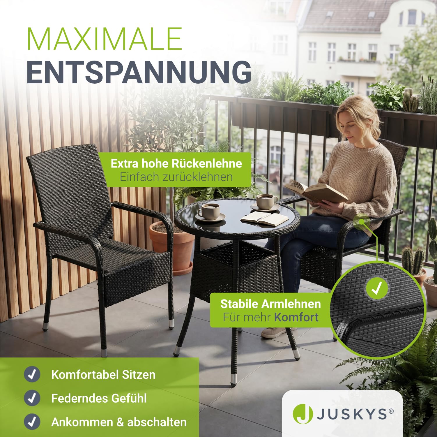 Juskys Polyrattan Gartenstühle Yoro 4er Set mit Armlehnen & Rückenlehne - 4 Stühle stapelbar - Rattan Stuhl Garten - Stapelstuhl Schwarz
