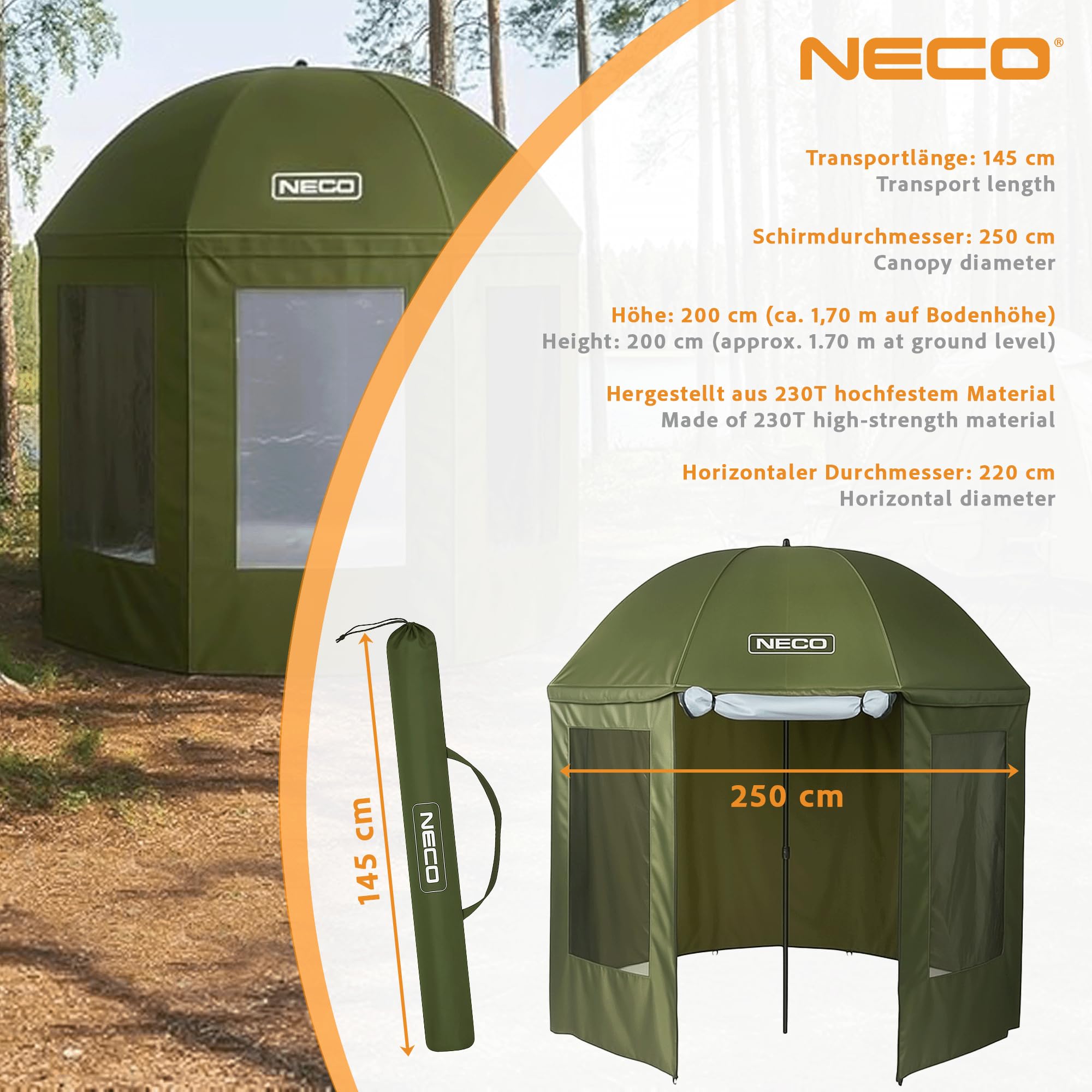 NECO Zielony Parasol Wędkarski z Osłoną i Moskitierą 250 cm – Wodoszczelny, Cały Zamykany Namiot Parasolowy, Duży Parasol do Wędkowania z Oknami, Namiot Karpiowy na Ryby, Kemping i dla Wędkarzy