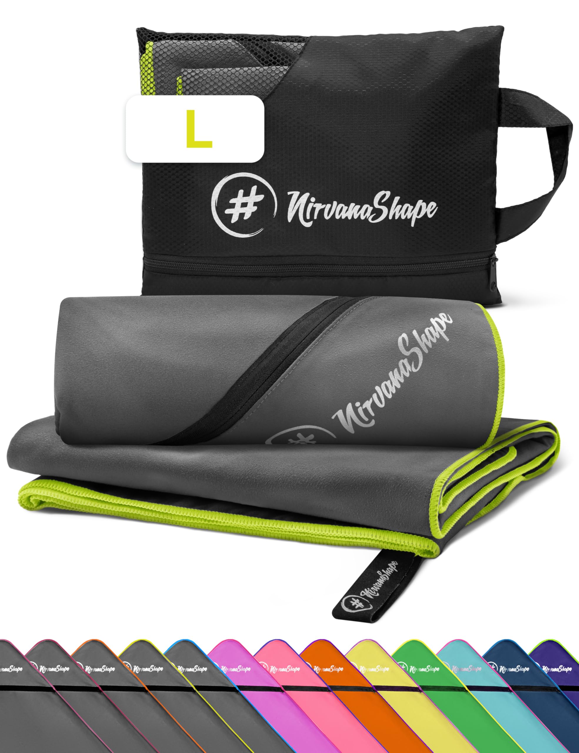 NirvanaShape Microfiber - Travel Towel for Beach Sports, L 140 x 70 cm, Grey / Yellow Seam, L: 140 x 70 cm