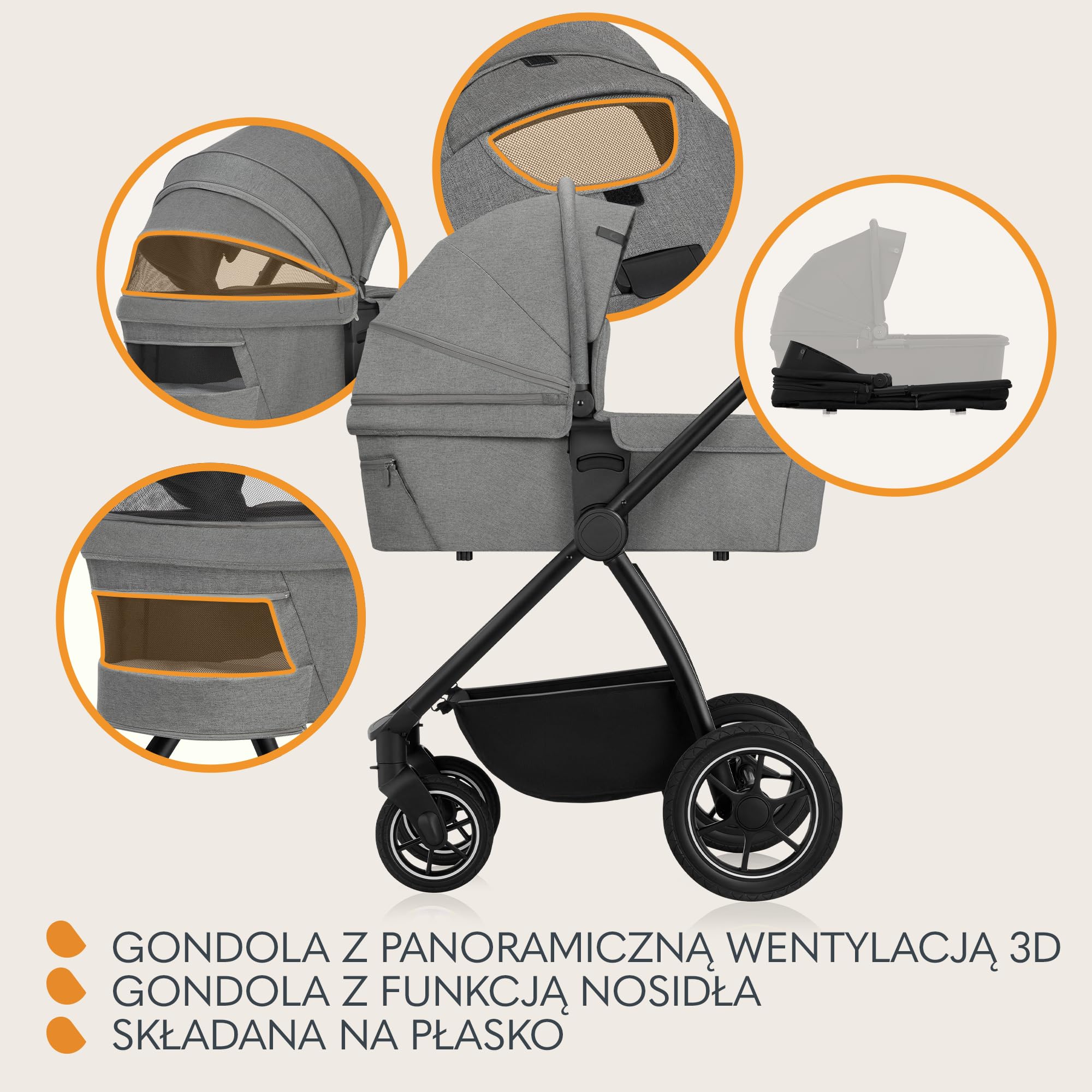 LIONELO MERIL 3 in 1 Wielofunkcyjny Wózek Dziecięcy 0-48 Miesięcy Do 22 Kg, Gondola Do 9 Kg, Fotelik Samochodowy Do 13 Kg, Koła Terenowe 360°, Pełna Amortyzacja, Budka XXL UPF50+ (Szary)