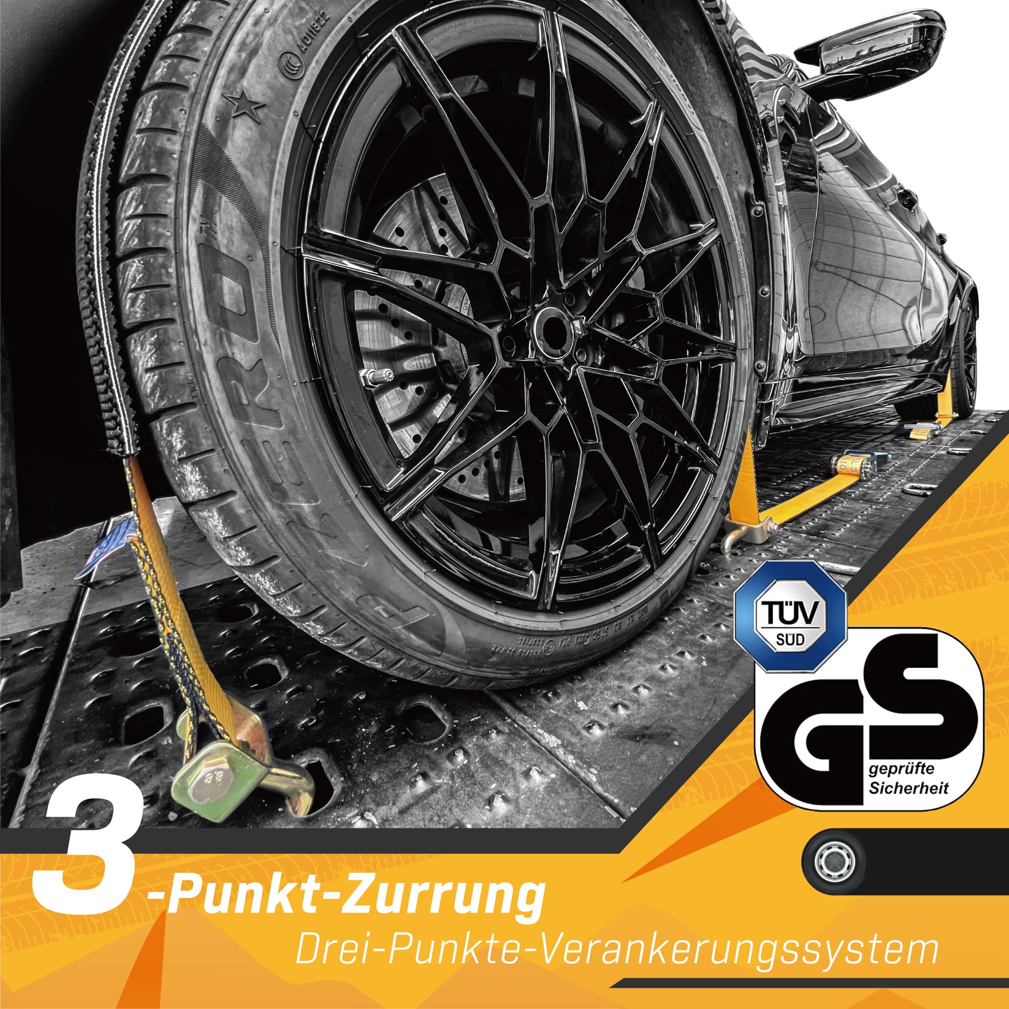 4 Stück 50mm Radspanngurte 2,5m | 5000kg Spanngurt für Autotransport | Mit Antirutschpads & 360° Wirbelhaken | Reifengurte für PKW Trailer KFZ | TÜV Geprüft nach DIN EN 12195-2