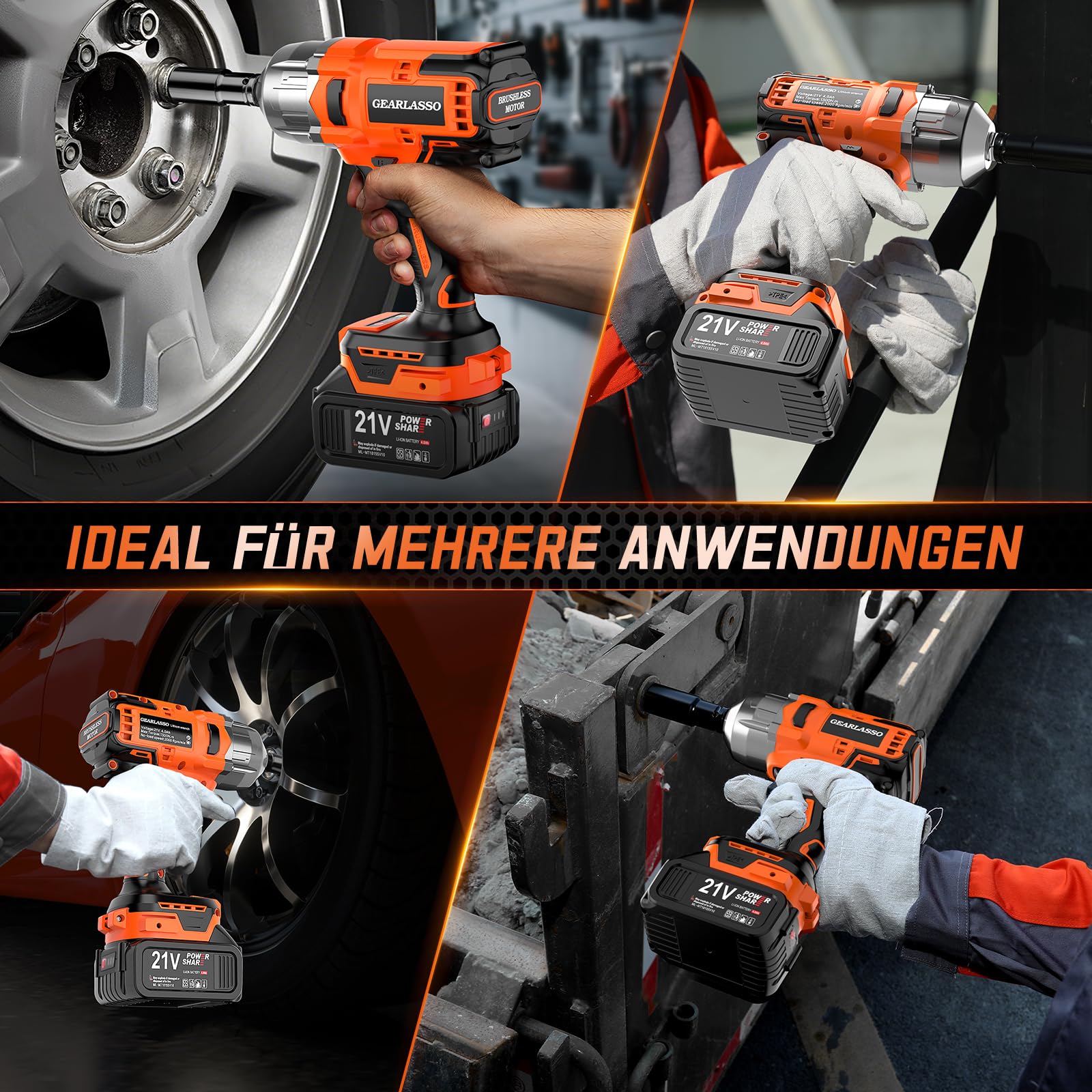 1300 Nm Akku-Schlagschrauber, 1/2 Zoll, 21V bürstenloser Schlagschrauber mit hohem Drehmoment, mit 2 x 4,0 Ah Akkus, 6 Steckdosen,für Radmuttern von Auto, Wohnmobil, LKW