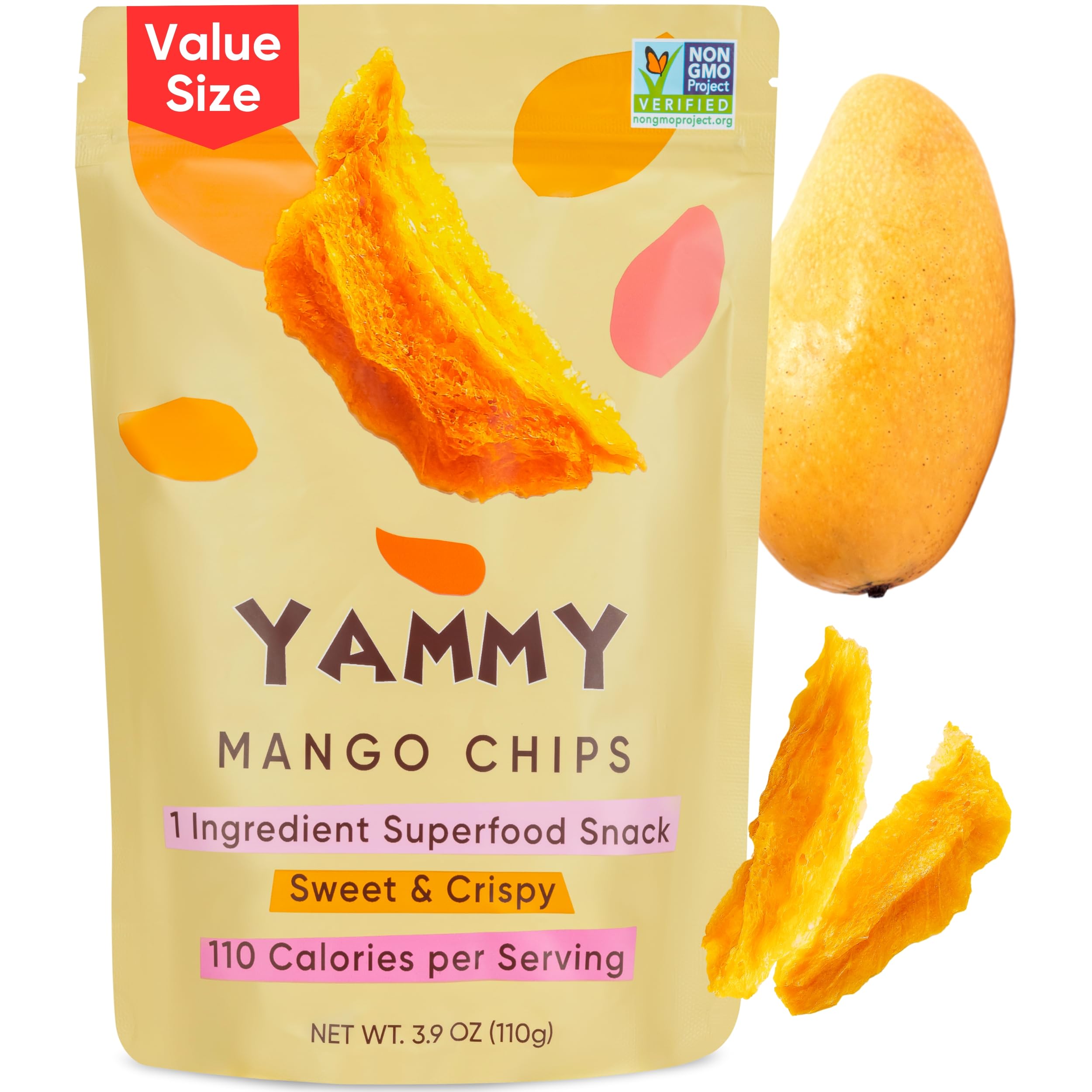 Yammy Dried Mango Chips Like Freeze Dried Fruit, No Sugar Added 1 Ingredient Healthy Snack for Adults Kids, Unsweetened Dry Slices of Mangoes, 3g Fiber, Low Calorie Vegan Gluten Free, 3.9oz Value Size