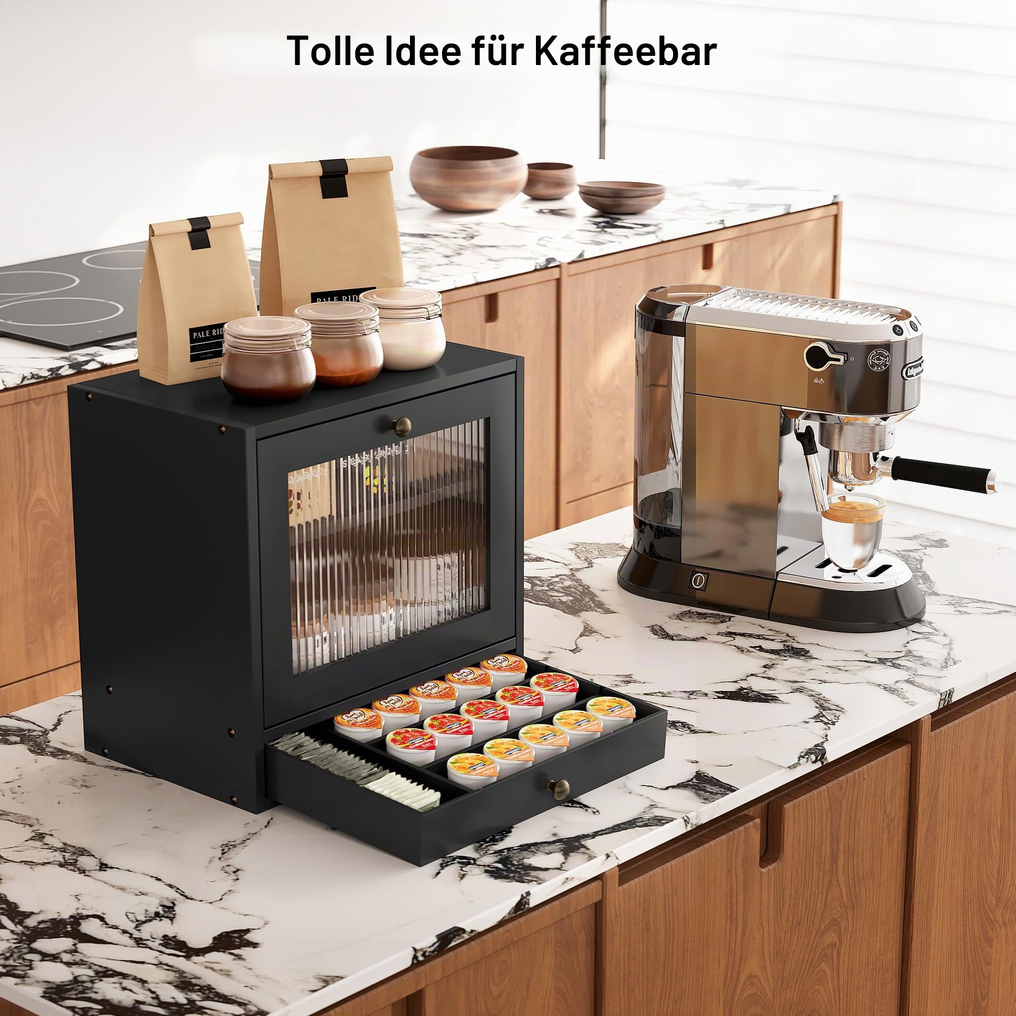 Alpeir Brotkasten Holz Groß 2 Etagen Brotbox mit Magnetisch Acryl Sichtfenster und Schublade, Ecke Arbeitsplatte Küche Aufbewahrung Behälter für Snack Knäckebrot Obst, Schwarz
