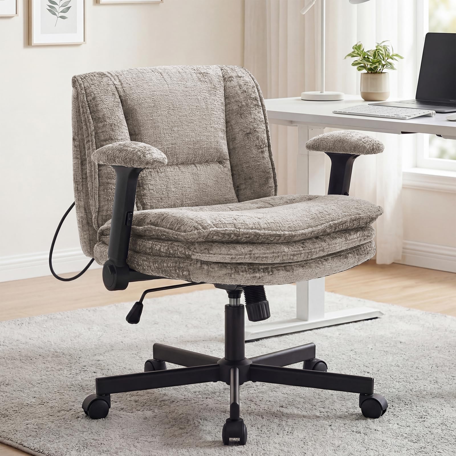 Criss Cross Chair with Wheels and Flip Arms, Upholstered Cross Legged Office Chair with 3 Layer Cushions&Dynamic Airbag Lumbar Support, Wide Seat