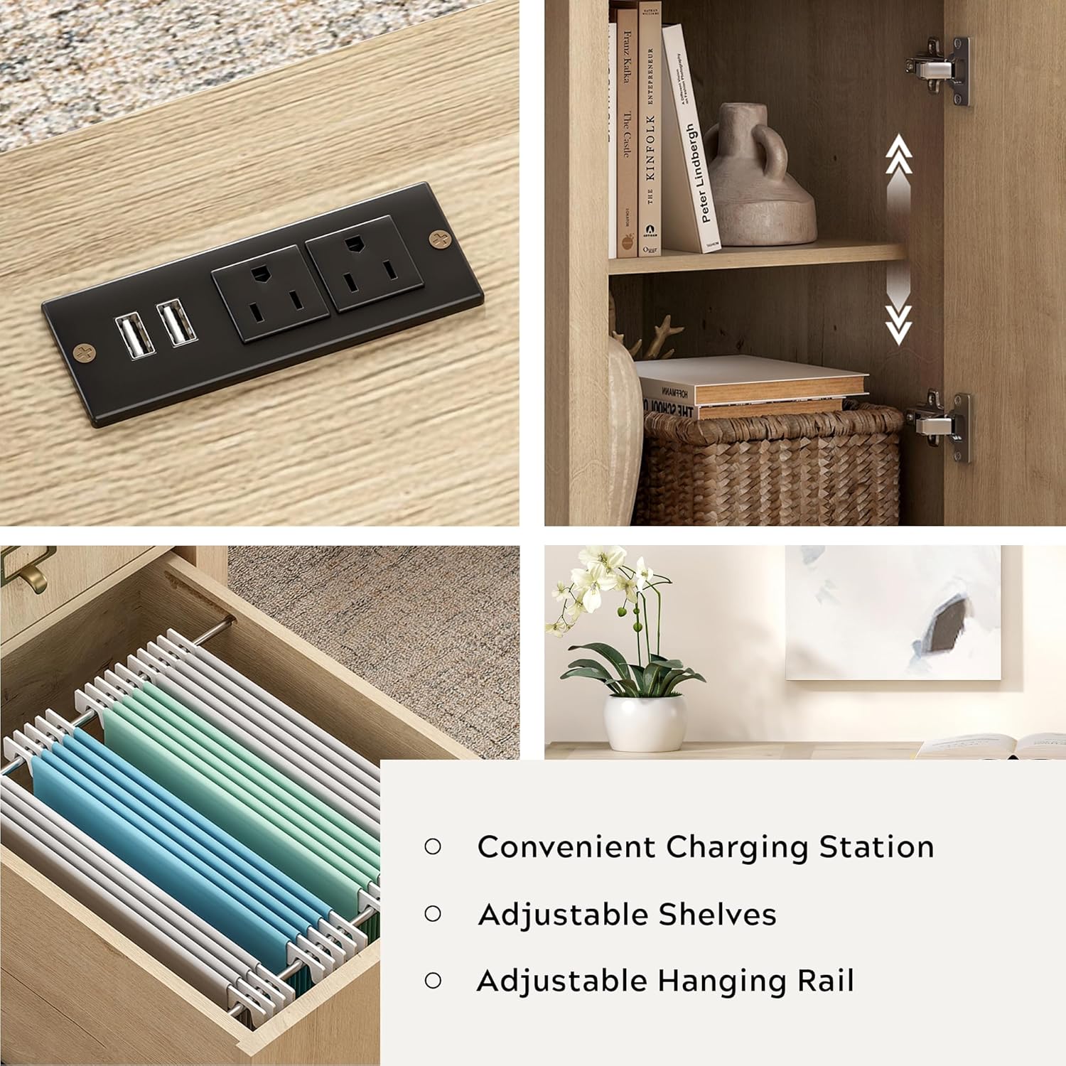 Farmhouse Wood Home Office Desk, 59" Executive Desk Computer Desk with File Drawer Charging Station and Storage Cabinet for Writing Study, Light Oak