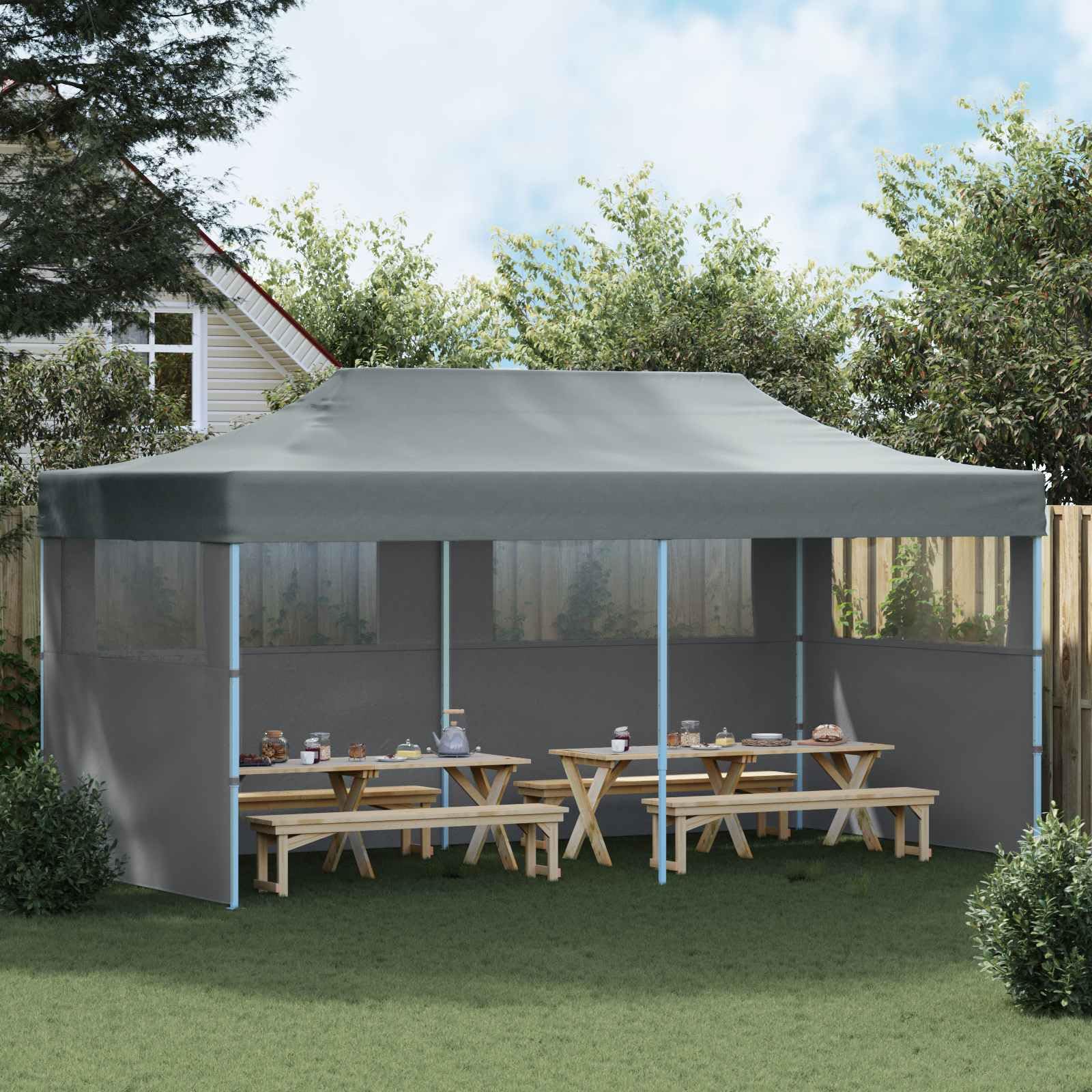 Namiot imprezowy, antracyt, 291 x 580 x 315 cm, tkanina Oxford z malowaną proszkowo stalową ramą, składana konstrukcja, ochrona przed promieniowaniem UV, na imprezę w ogrodzie, wesele, BBQ