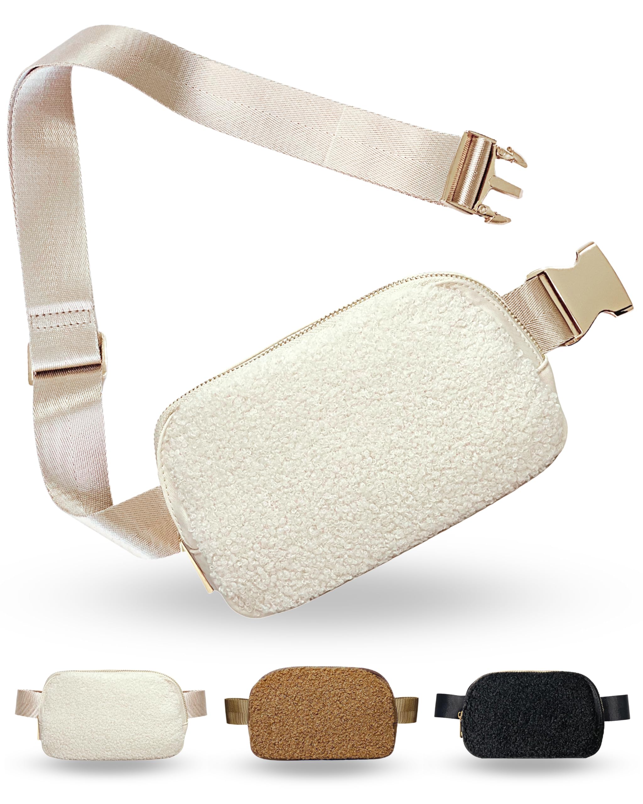 Boutique Fleece Belt Bag | Sherpa Crossbody Fanny Pack for Women | Everywhere Waist Pack | Small Fashion Travel Chest Bag (Cream Fleece, Small Strap