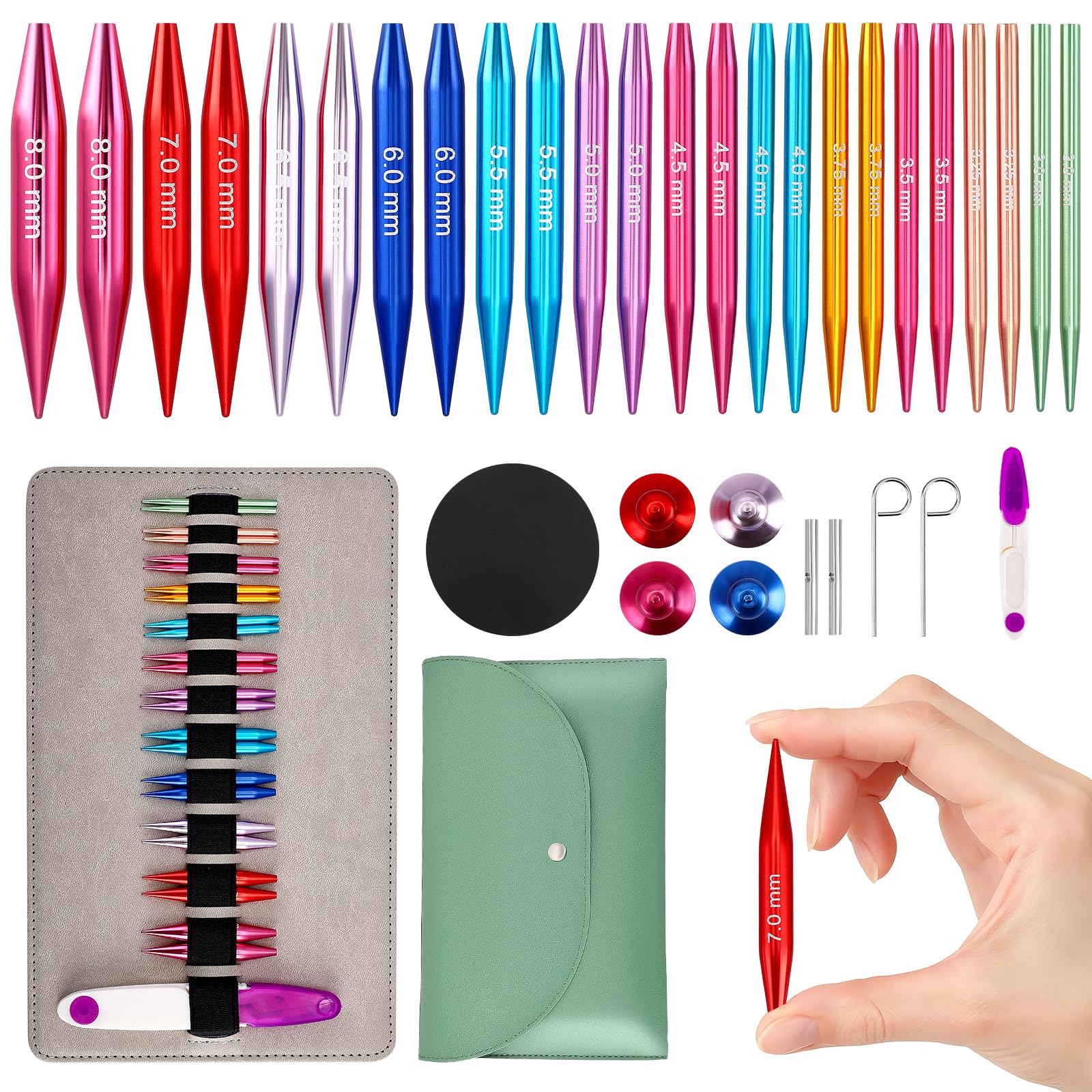 12 Pairs Interchangeable Circular Knitting Needles Set, 5cm Short Aluminum Knitting Needles 3.0mm-8.0mm, with Cables, Case & Accessories, for Beginners and Advanced Knitters