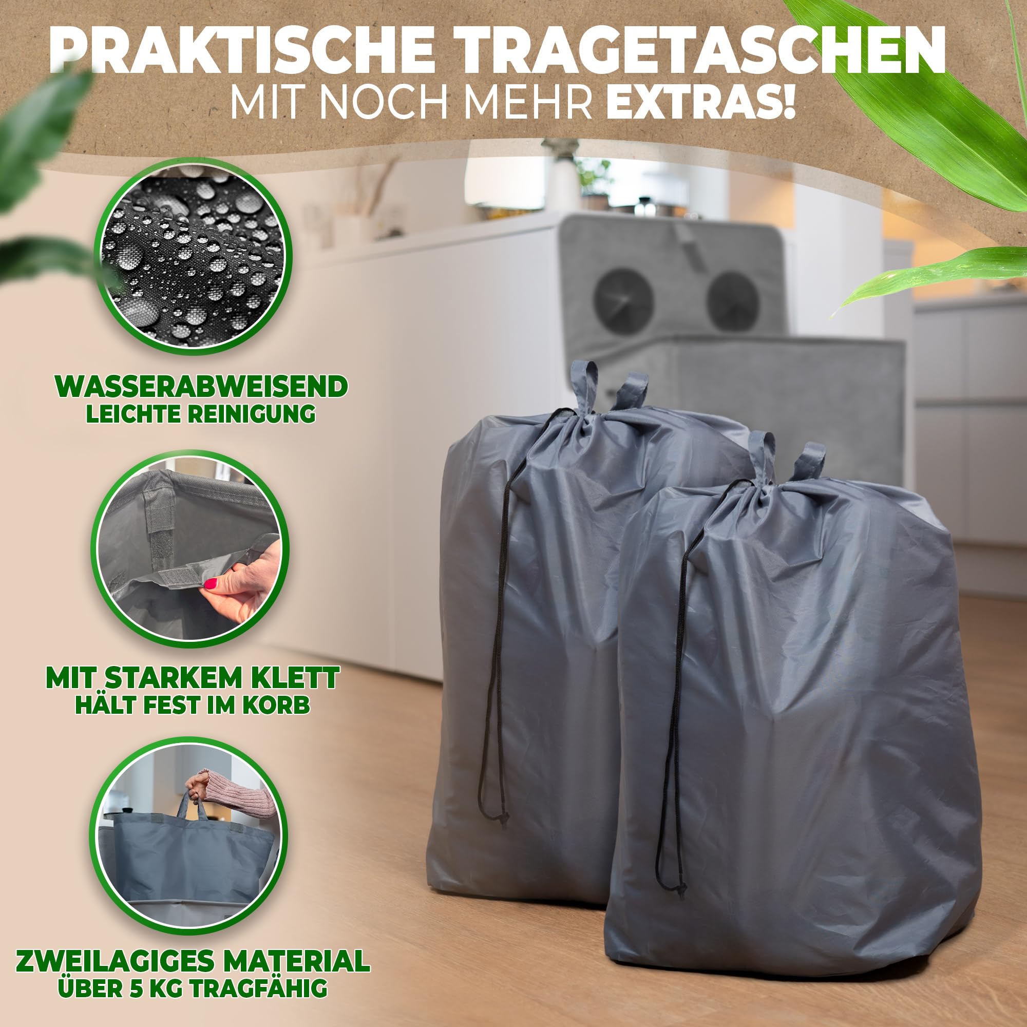 COTTARA® Botellas de depósito con 2 compartimentos, recipiente para depósito con ranura y 2 bolsas de transporte, ideal para botellas de depósito, para cocina, color gris