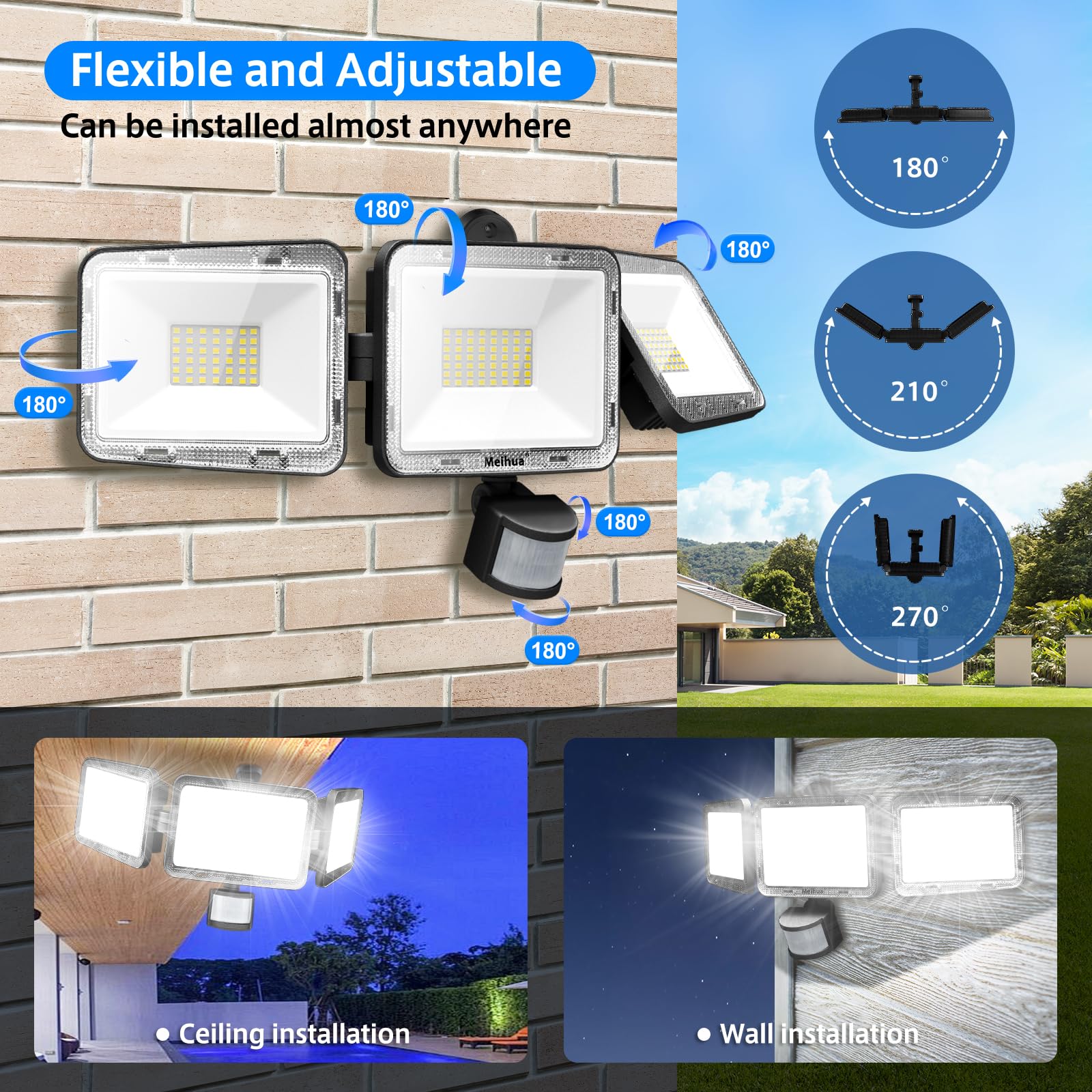 MEIHUA 70W LED Strahler Mit Bewegungsmelder Außen Fernbedienung 6850LM | Außenstrahler IP66 Wasserdicht 4 Modi Flutlicht Kaltweiß 6500K Scheinwerfer Verstellbaren 3 Köpfe für Garage Sportplatz