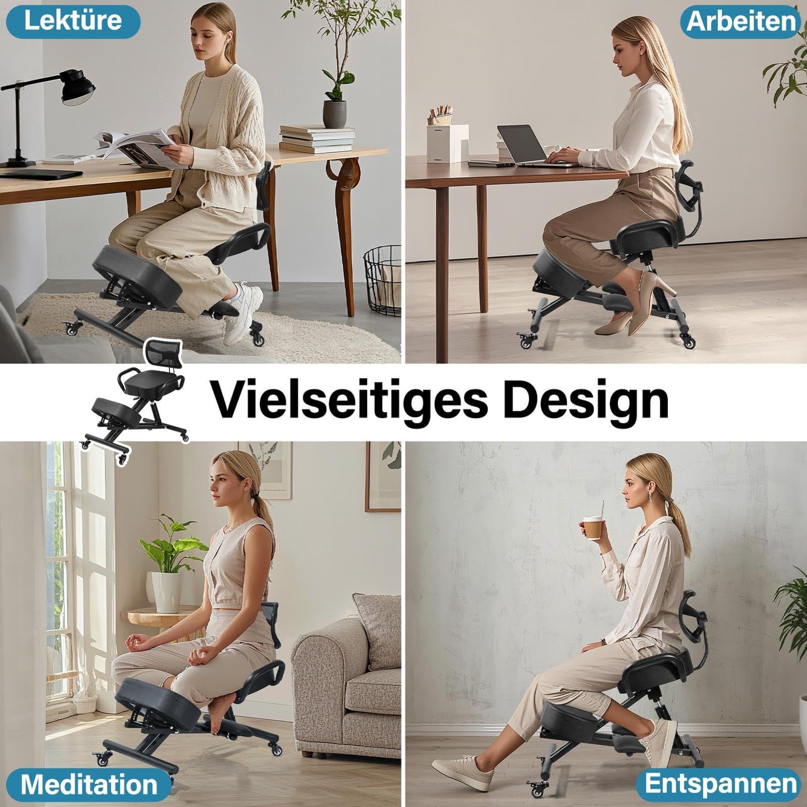 Generisch Kniestuhl, Ergonomischer Kniestuhl mit Rückenlehne und Fußstütze | Höhenverstellbarer Haltungsstuhl mit Feststellrä-dern für das Homeoffice, Haltungskorrekturhocker