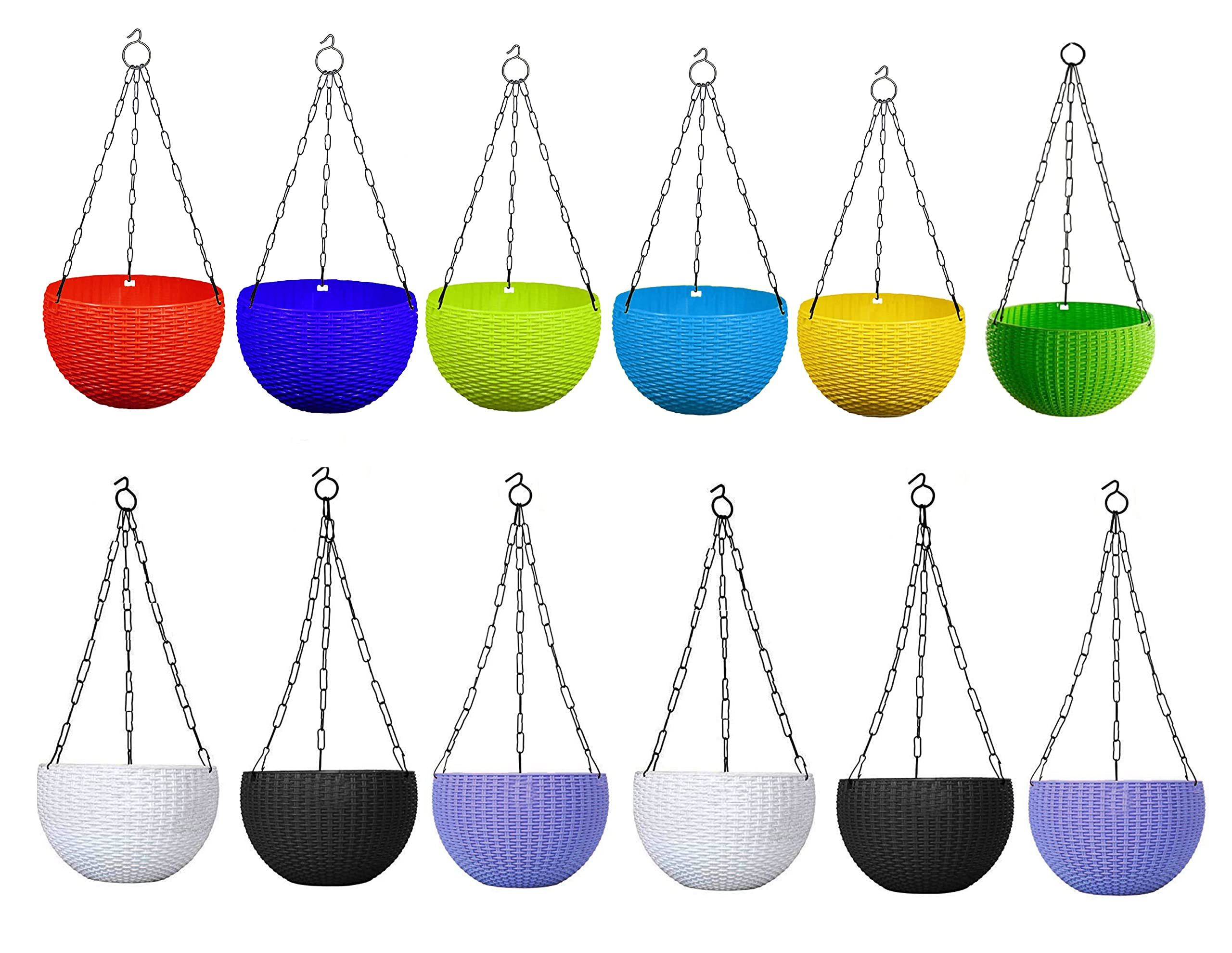 Good Vibes Plastic Hanging Flower pots for Balcony Round Hanging 8.5 Inch Euro Basket Flower Pot for Plant Flower Pots for Home Garden Decoration with Hanging Chain Pot Multicolour (Pack of 12) (B09RVXNQ4C) Amazon Price History, Amazon Price Tracker
