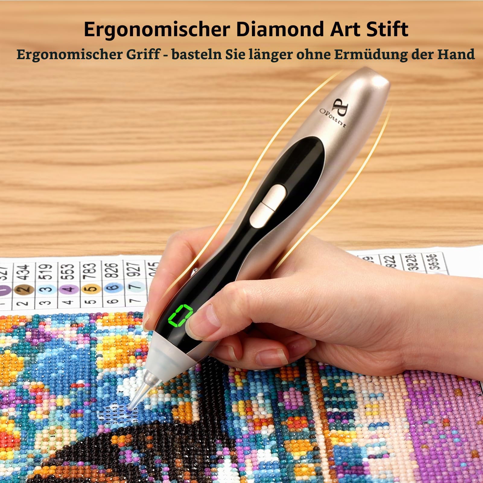 PP OPOUNT Elektrischer Diamond Painting Stift Gold mit LED Licht & Display, 3 Saugstufen, Kabellos & Wiederaufladbar, Leiser Vacuum Stift, Ergonomisches Diamond Painting Zubehör für Erwachsene