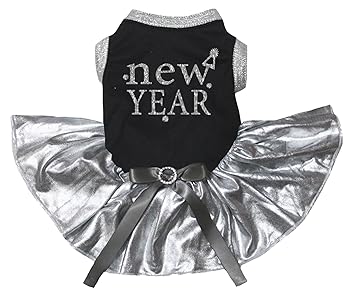 Petitebella New Year Black Shirt Bling Silver Tutu Puppy Dog Dress (Small)