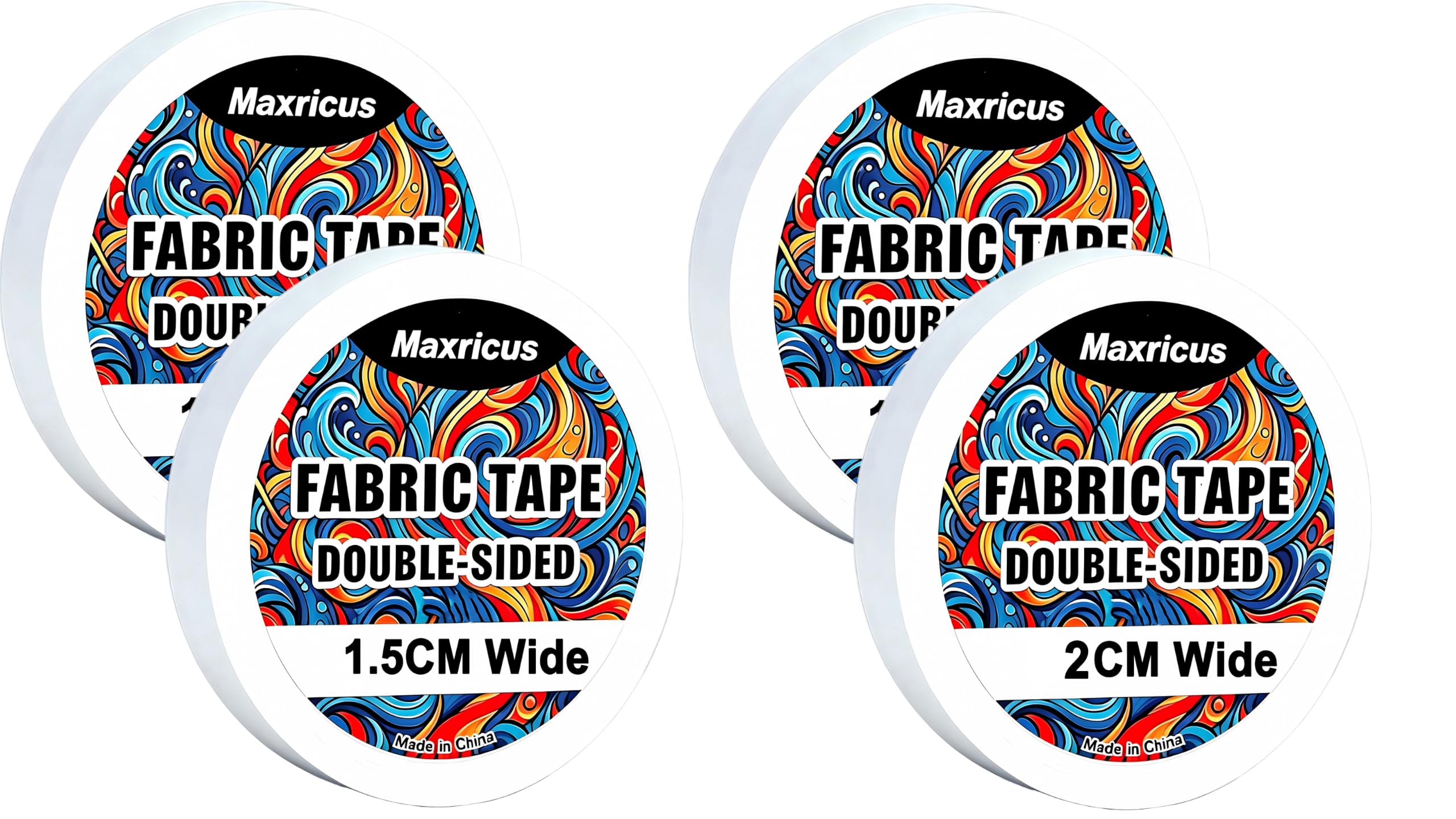 Maxricus Double Sided Fabric Tape - Cloth Tape No Sew Hem Tape for Clothing Repair, Quick Temporary Hemming Tape for Trousers, Skirts, Clothes, DIY Crafts,(4 Rolls) 80M,1/4" (1.5cm) & 1/2" (2cm) Wide