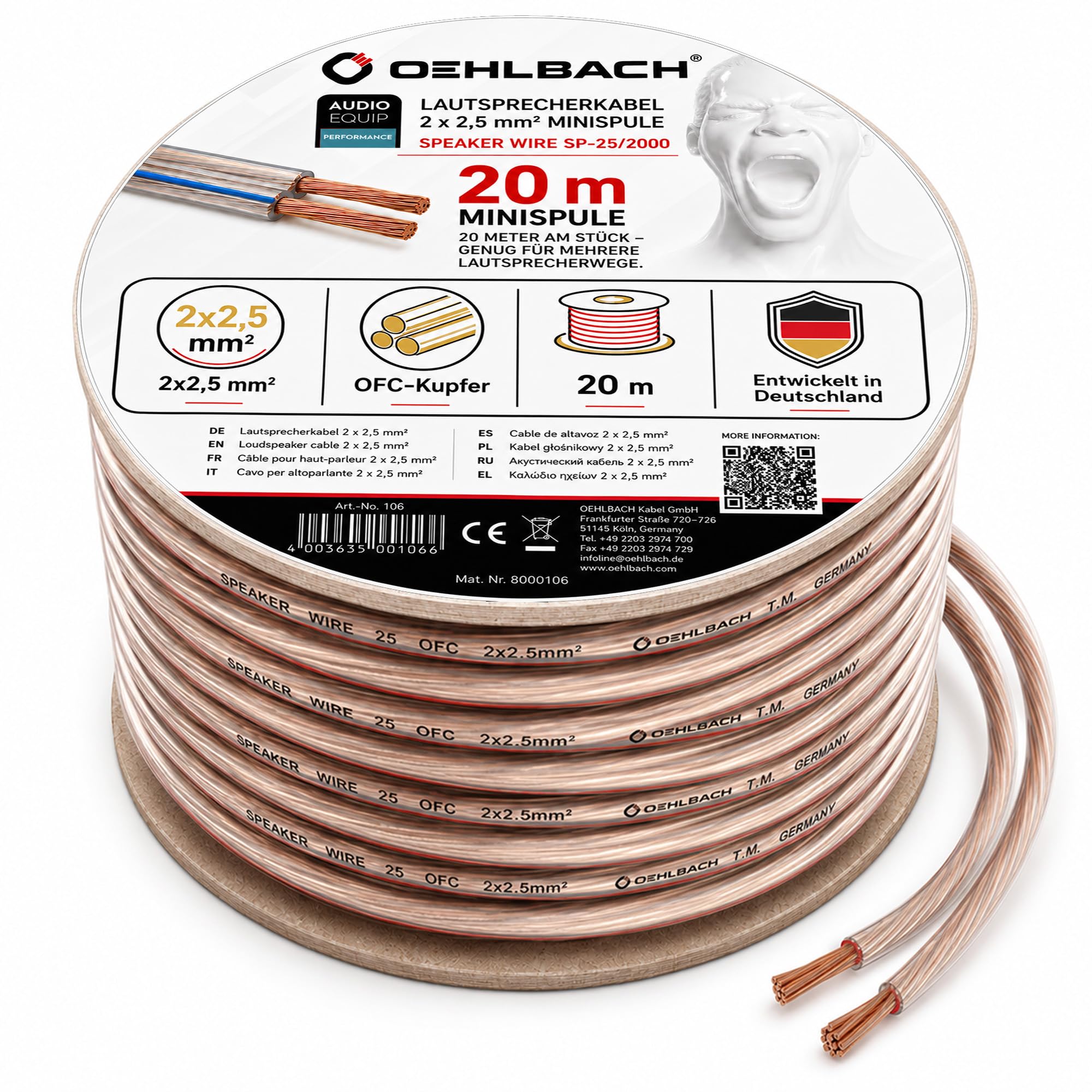 Oehlbach Speaker Wire SP-25 - câble de Haut-Parleur stéréo Hi-FI, câble de Haut-Parleur avec OFC (cuivre sans oxygène) 2x2.5 mm² Mini Coil Speaker Cable - 20m Transparent