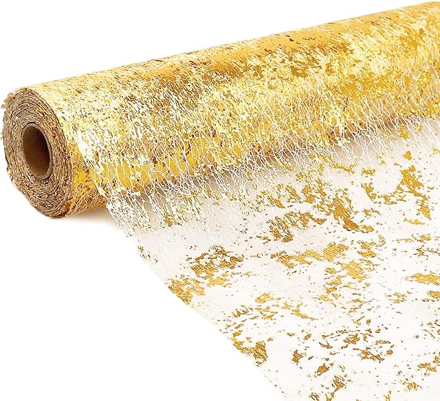 Glitter Sequin Mesh Ribbon, 28cm * 5m Gold Table Runner, Christmas Sparkling Polyester Tulle Ribbon Roll with Gold Foil for Party Holiday Wedding Gathering