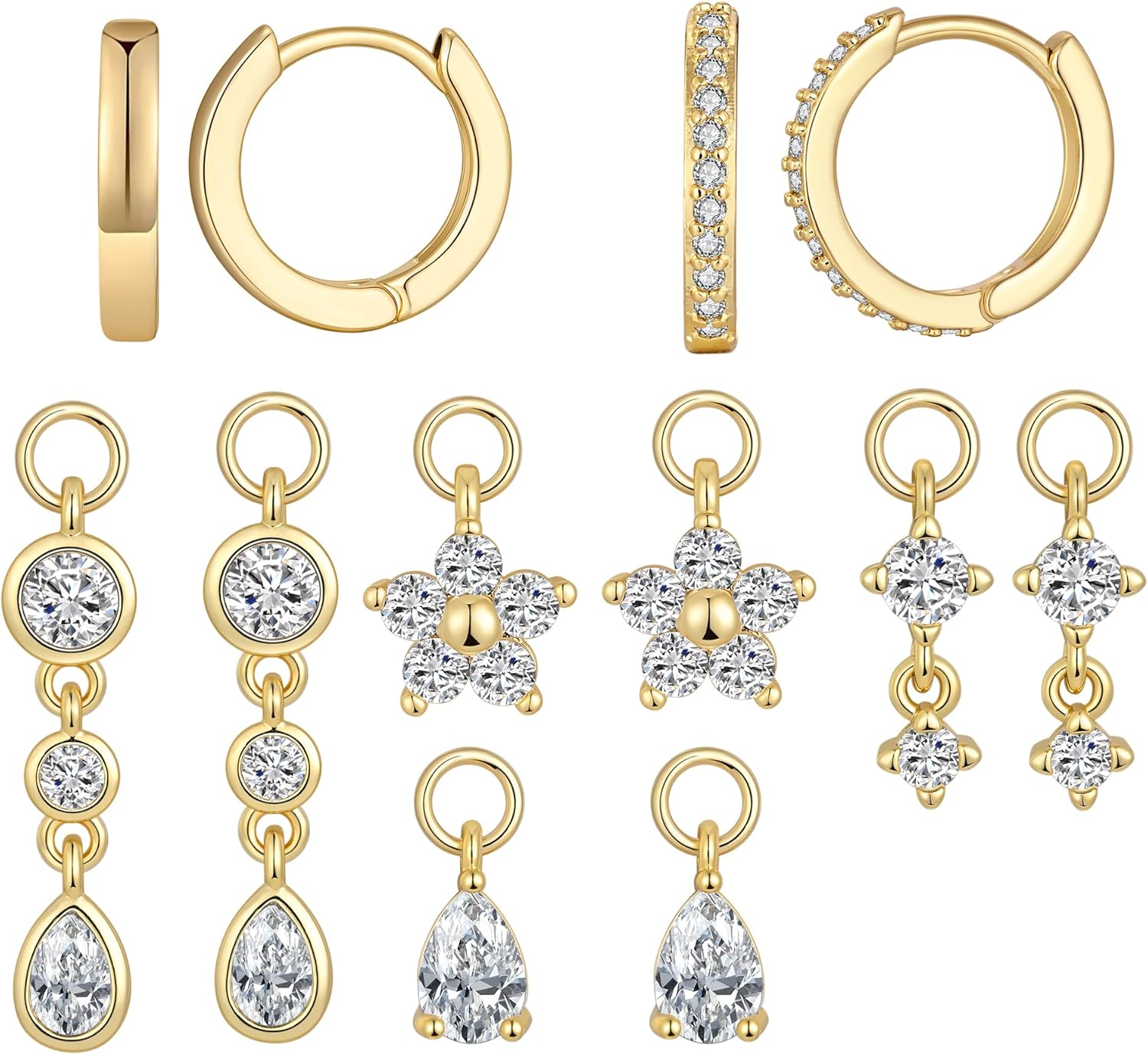 14K Gold Plated Huggie Earrings and Charm Set for Women |Mix and