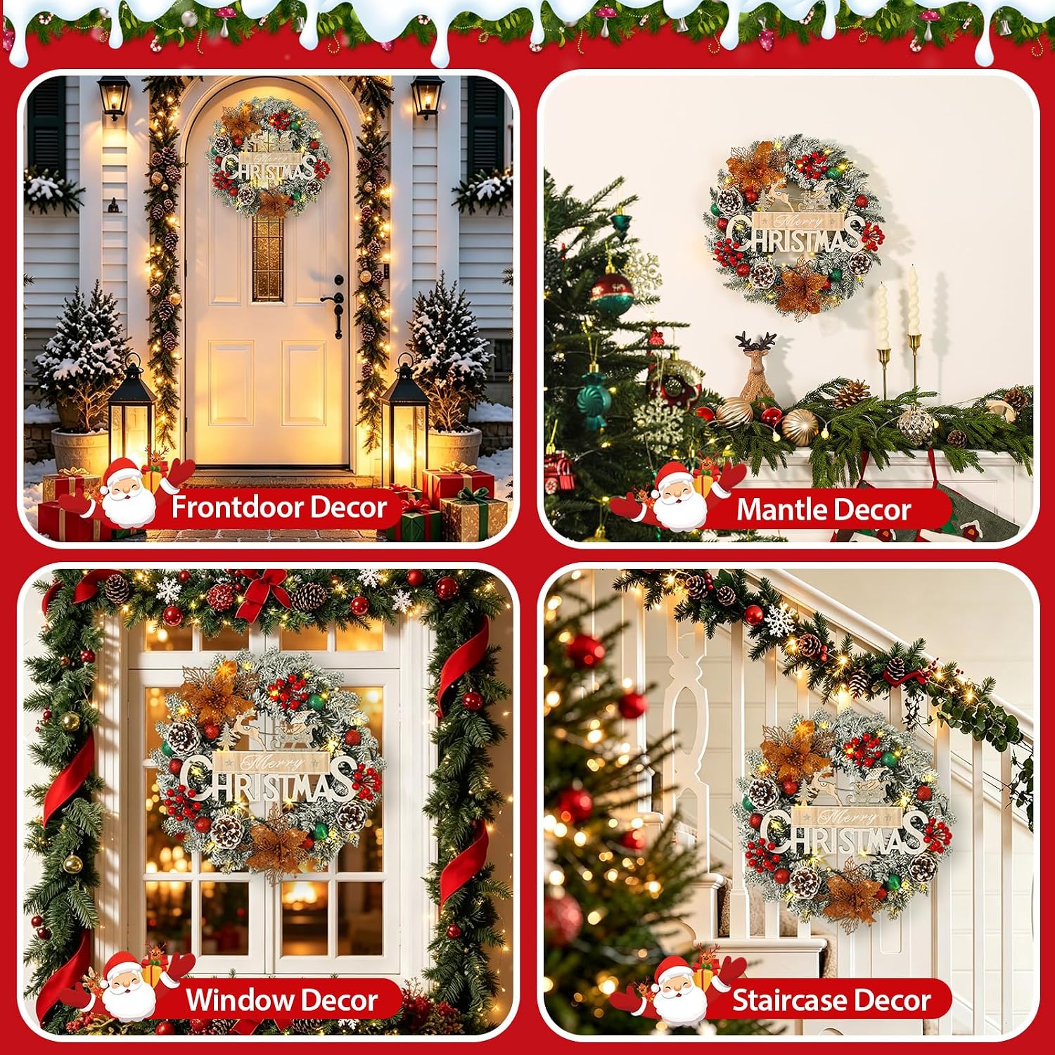 16 Inch Prelit Christmas Wreath with LED Lights for Front Door Decor