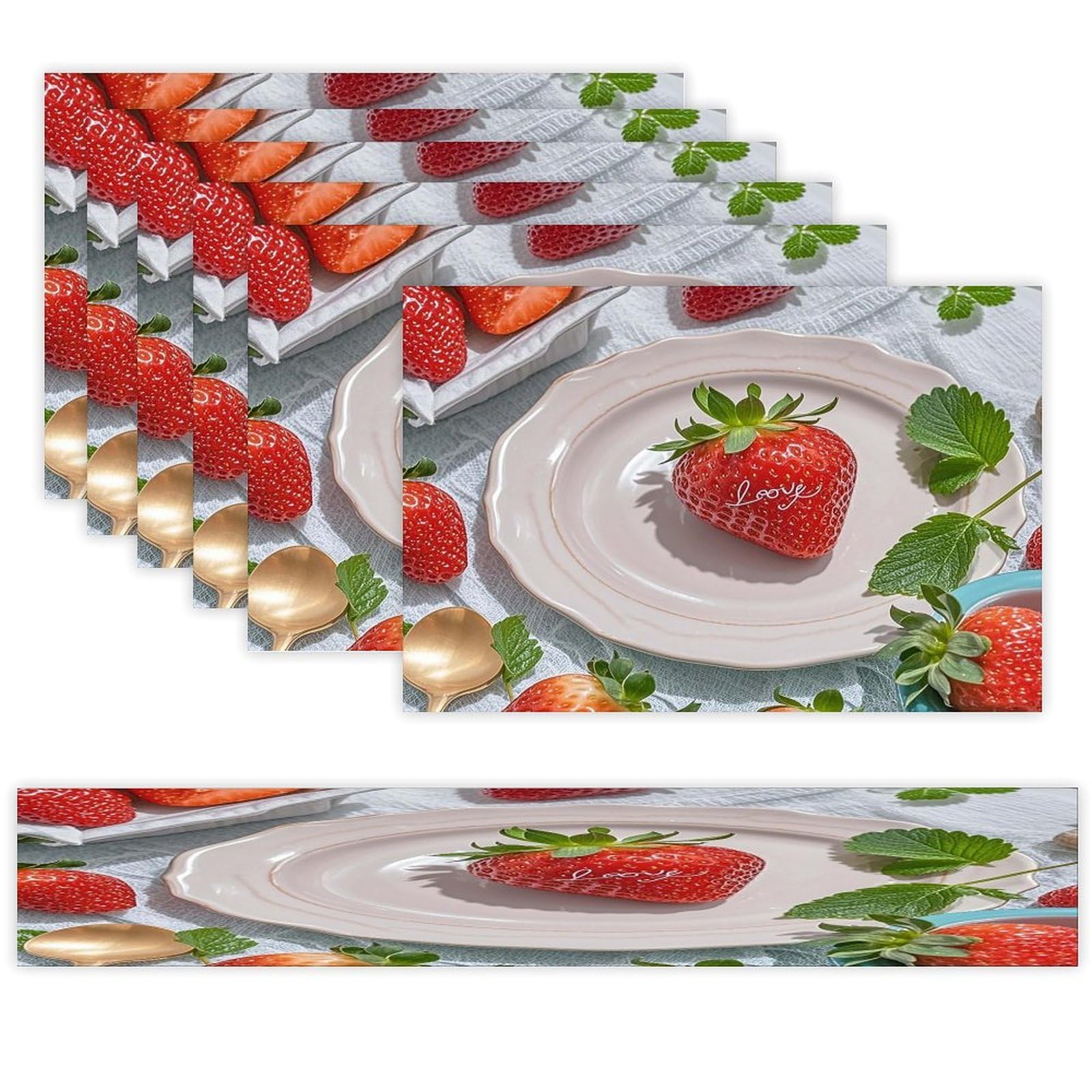 Beautiful Strawberry Placemats Set of 6 and Table Runner for Holiday Party Kitchen Dining Table Decor Farmhouse Style Washable Table Mat Set Heat Resistant Linen Place Mat Sets