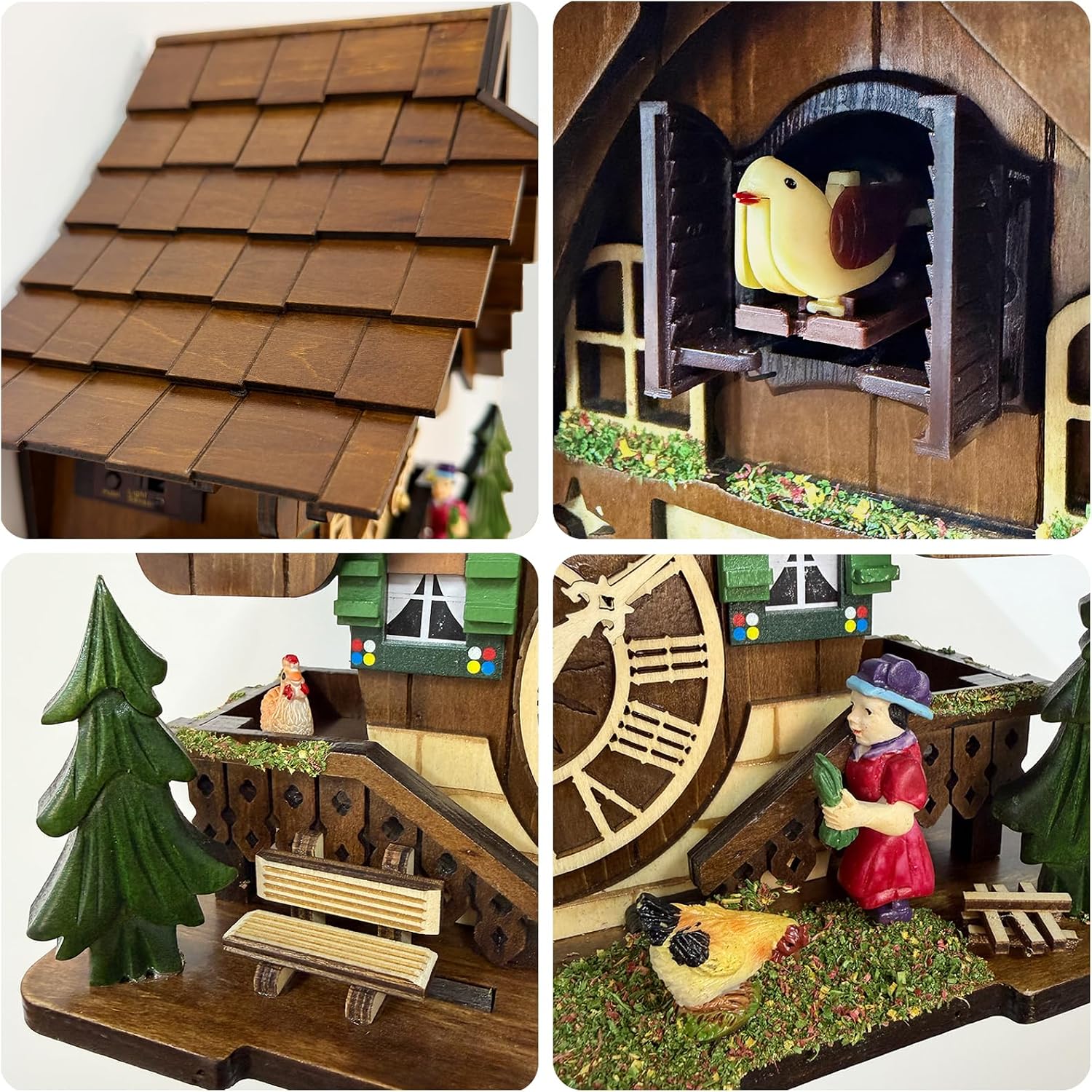 Cuckoo Clock for Wall – Countryside Chalet with Hand-Carved Farm Scene, Black Forest Style, 12 Melodies, Volume Control & Night Mode, Silent Quartz, Unique Home Decor Gift for Family