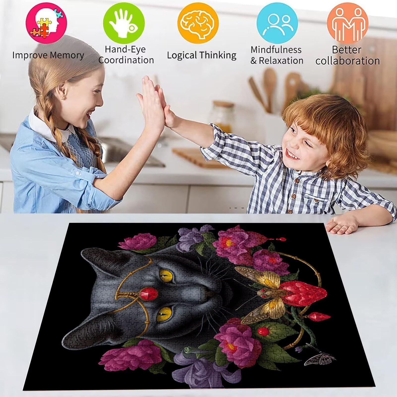 Puzzle kot, 3000 elementów, drewniane puzzle dla dorosłych, wielokolorowe, drewniane puzzle, klasyczne puzzle, kwiaty, drewniana jigsaw dla dorosłych i dzieci w wieku 14 lat, prezenty do domu