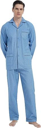 GLOBAL Mens 100% Cotton Flannel Pajamas Set Soft Warm 2pc Pjs For Men Button Fly&Elastic High Waist Loungewear Sleepwear