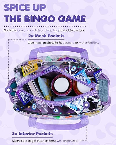 Miniatura 2 de Bolsa de bingo Dauber para accesorios de bingo, bolsas de bingo moradas con bolsillos para Bingo Daubers Dabbers Bolsa de bingo transparente para