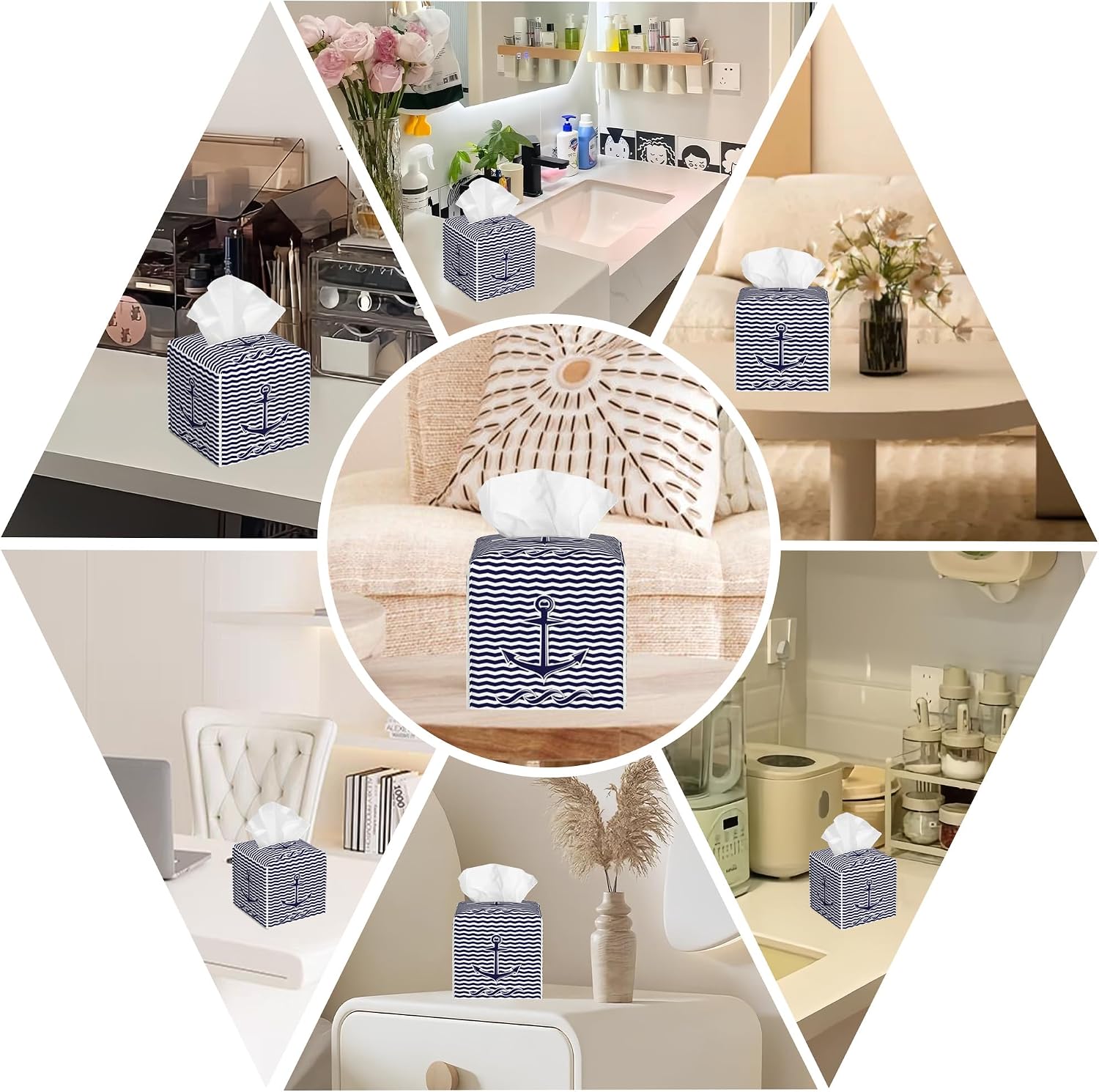 Square Tissue Box Cover Nautical Anchor on Blue and White Stripes Tissue Box Holder Facial Cube Paper Dispenser Leather Decorative Organizer Home Office Desk Decor, 5.2"x5.2"x5.2"