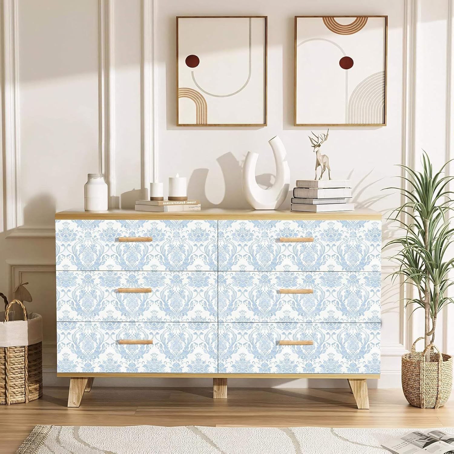 Blue Damask Floral Peel and Stick Wallpaper, Vintage European Classic Pattern Self-Adhesive Vinyl Wallpaper for Home Decor – 17.7" x 118"