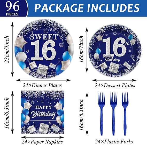 gisgfim 96Pcs 16th Birthday Plates and Napkins Party Supplies Sweet 16 Birthday Party Tableware Set Blue Silver 16th Birthday Decorations Favors for 16 Years Old Boys Girls for 24 Guests