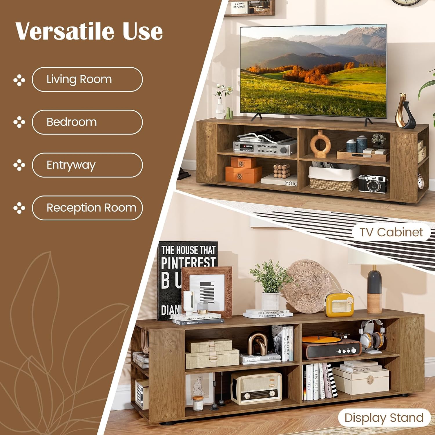 LDAILY Moccha TV Stand for TV up to 65 inch, Modern Entertainment Center with 8 Open Storage Shelves and 4 Cable Management Holes, Wooden TV Cabinet Console Table for Living Room, Bedroom, Natural