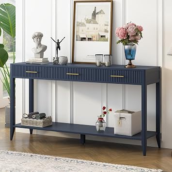 U_Style 60" Painted Console Table with 3 Drawers,Wooden Entryway Table with Storage Shelf, Farmhouse Sofa Table for Living Room, Hallway,Entryway, Foyer, CorridorNavy Blue