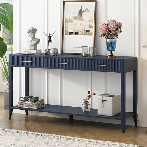 Knocbel Entryway Console Table with 3 Vertical Stripe Drawers and Storage Bottom Shelf, Sofa End Table with Sturdy Long Legs for Living Room Hallway, 15.7" D x 60" W x 31.4" H Navy Blue