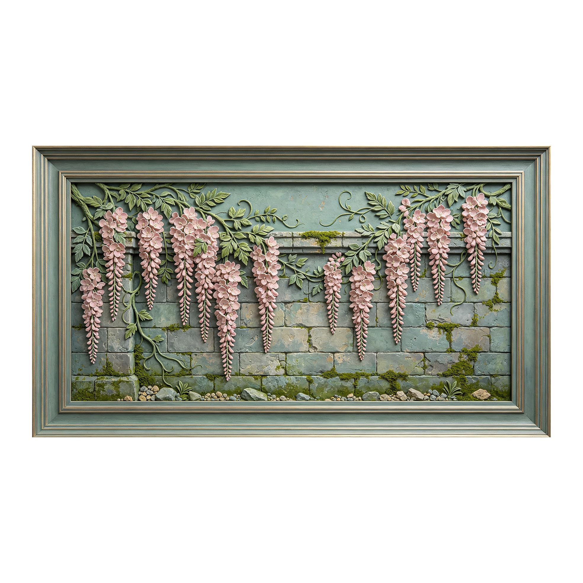 Murasolite 3D Framed Wall Art Vintage Wisteria Floral Botanical Relief Effect SelfAdhesive Fabric Mural Wall Decor， Peel and Stick No Damage to Wall， AntiFall Safe Design for Bedroom Living Room