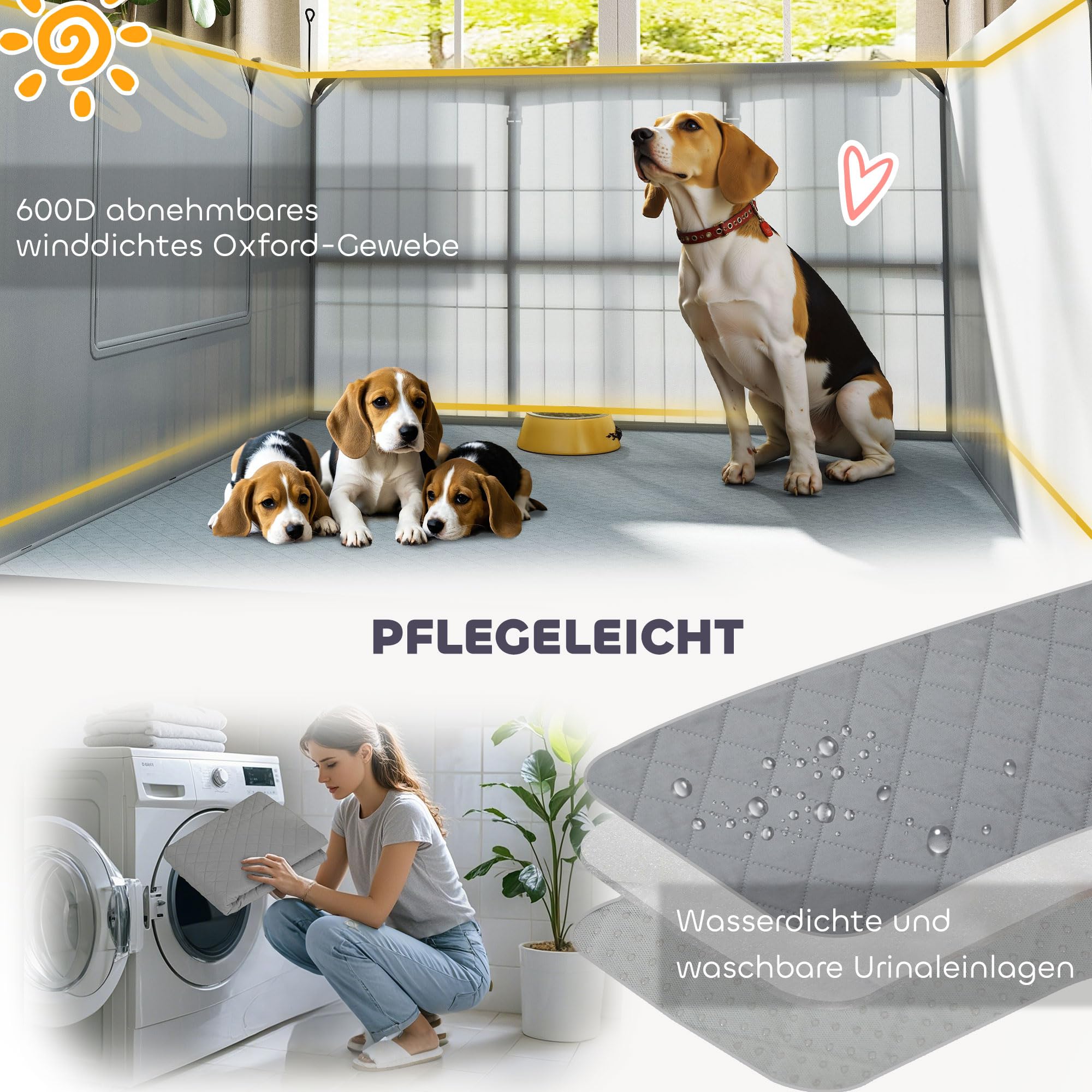 PawHut Caja para Cachorros, Parque para Cachorros con 7 Paneles, 2 Secciones, Alfombrilla Lavable, 2 Puertas, Parque para Perros pequeños y medianos 203 x 102 x 60 cm, Color Negro