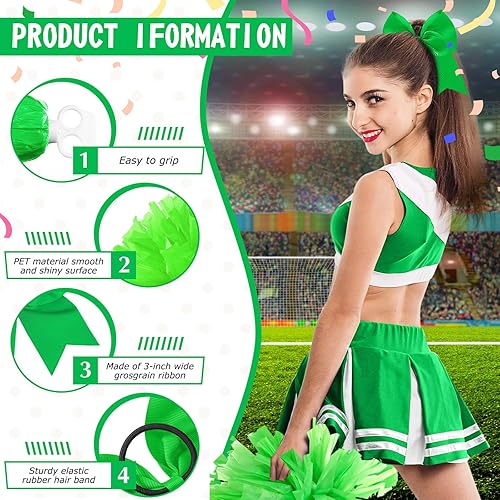 Miniatura 110 de Hanaive 3 pompones de animadora y lazo grande para animadora para el pelo, suministros metálicos para animadora de espíritu de equipo, deportes