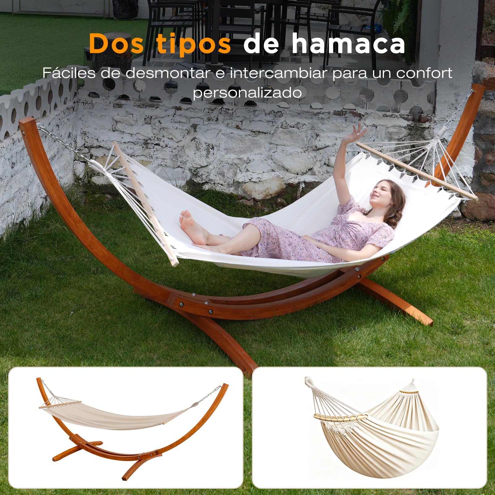 Hamaca Doble con Soporte de Madera, Carga 200 kg