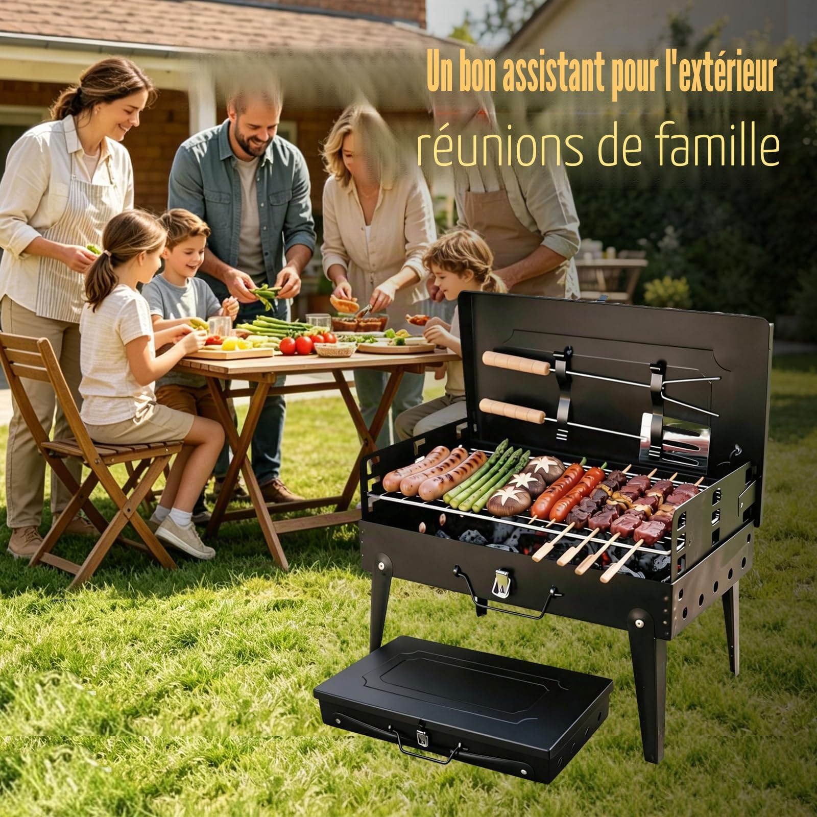 Barbecue à charbon pliable au format valise, petit barbecue de table portable avec grille et accessoires, barbecue compact en acier inoxydable pour la maison, le camping et les pique-niques