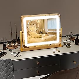 ROLOVE Gold Vanity Mirror with Lights 15 x 12, Lighted Makeup Mirror with 10X Magnification, 3 Color Lighting & Dimmable Brightness, Make Up Mirror with Lighting for Bedroom Tabletop