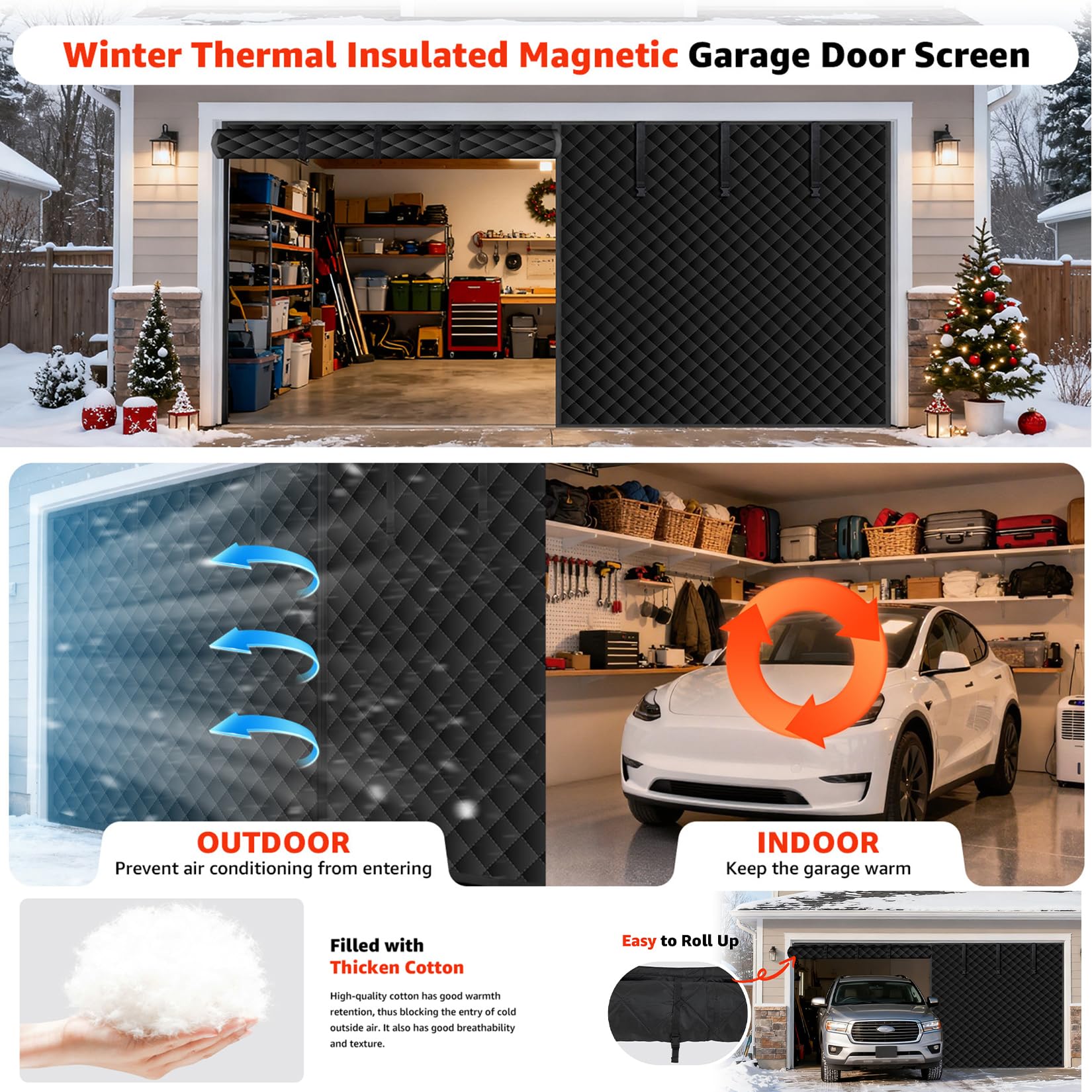 Rideau Isolant Thermique Magnétique Porte de Garage Noir,Isolation Hiver