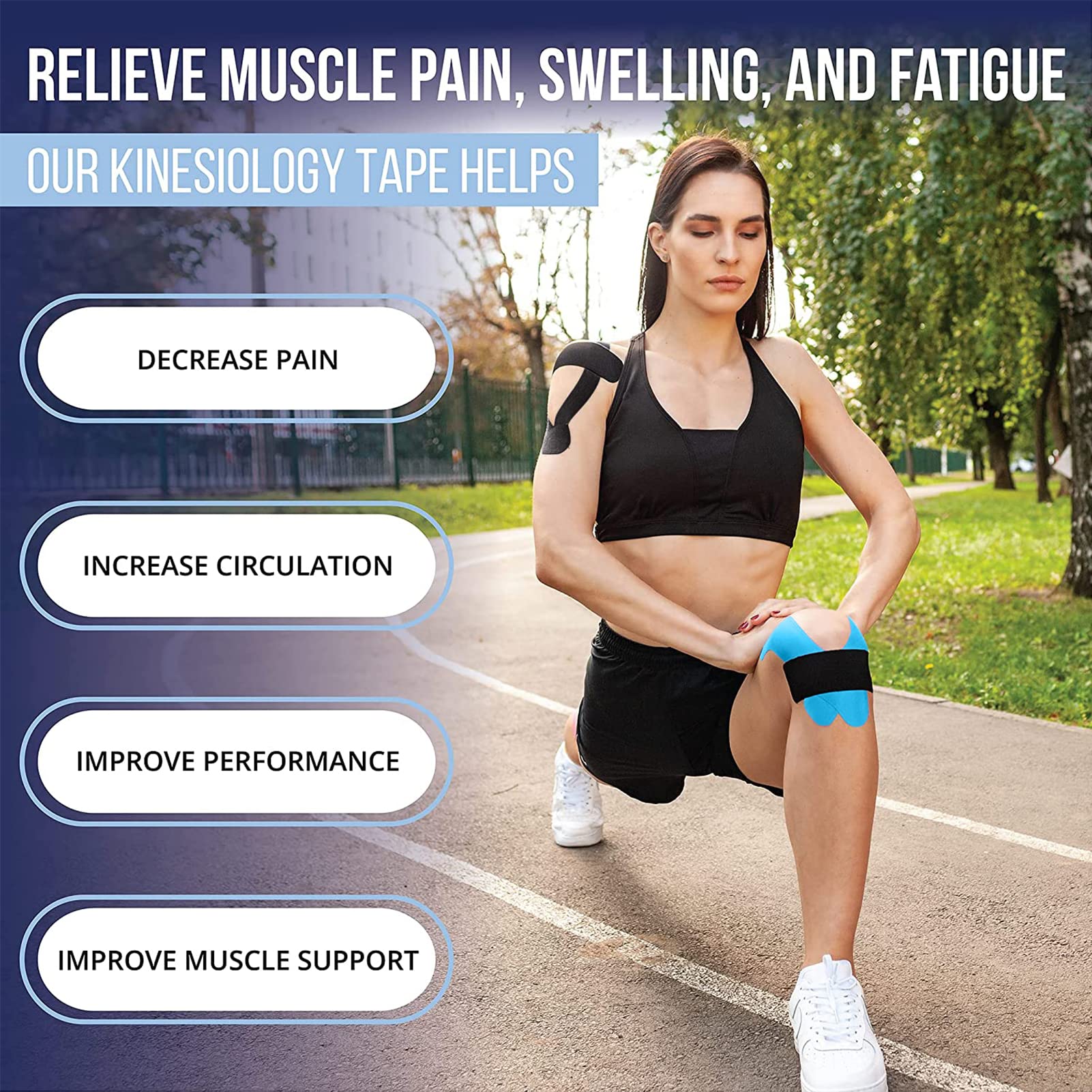 Cinta de Kinesiología Tape,Set 2 Rollos 5 m x 5 cm Azul y Negro,Cinta deportiva elástica terapéutica para hombros, rodilla, codo, alivio del dolor, sin látex, resistente al agua, transpirable