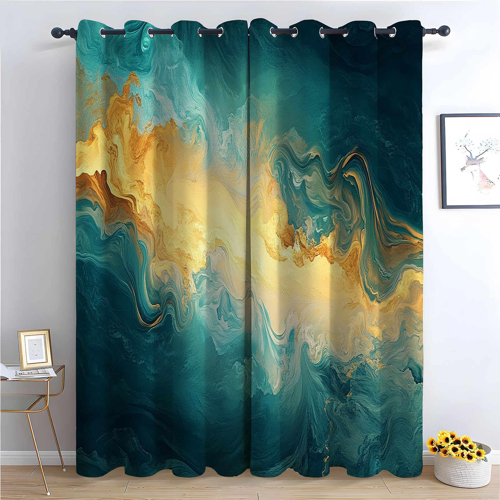 WIKEO Floral Curtains Abstract Fluid Pattern - Botanical Pencil Pleated Drapes - for Bedroom Drop Eyelet Curtain, Thermal Insulated Blackout 2 Panels-52 W x 96" L (Pack of 2)