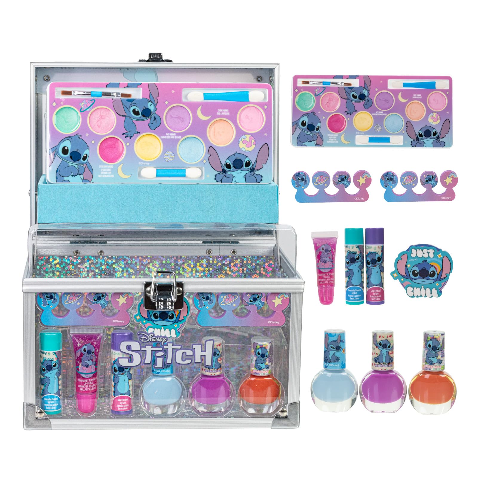 Stitch Train Case Makeup Set for Kids | Makeup Kit Includes Lip Gloss, Nail Polish, Accessories & more | Gifts for Ages 3+ by Townley Girl