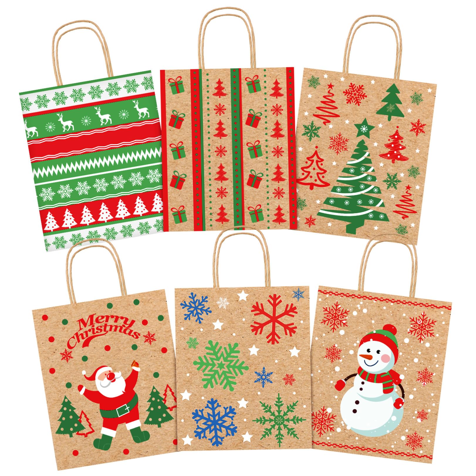 STOBOK 24PCS Weihnachten Kraft Taschen| 6 Verschiedene Designs Urlaub Goodie Bags Groß mit Seidenpapier Wiederverwendbare Weihnachten Treat Süßigkeiten Taschen mit