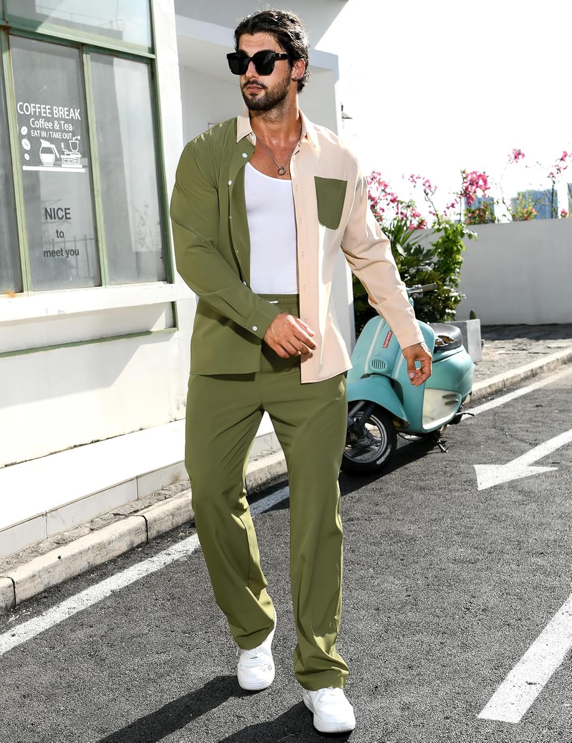 LecGee Mens 2 Piece Color Block Outfits Casual Long Sleeve Color Block Shirts and Pants Matching Set Sweatsuit - Image 4