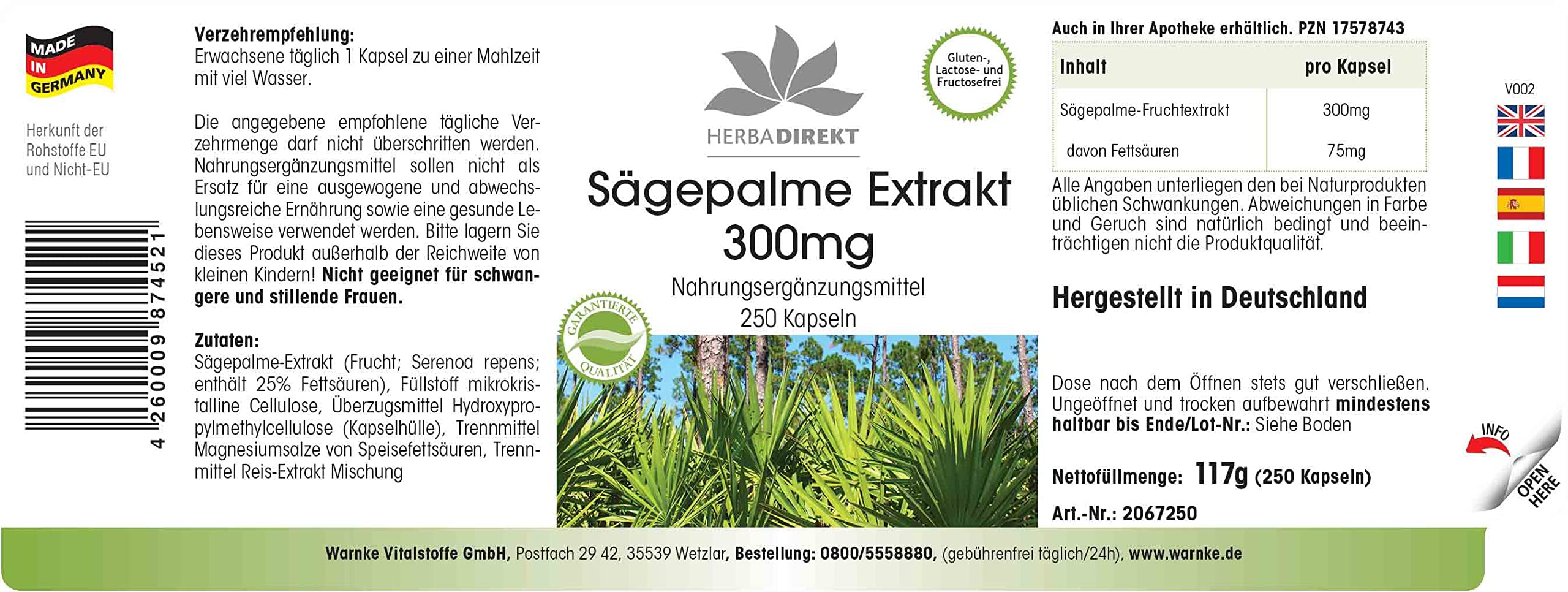 Extrait de palmier nain 300mg - avec bêta-sitostérol - grand emballage - 250 gélules | Herba Direkt - Qualité des pharmacies allemandes